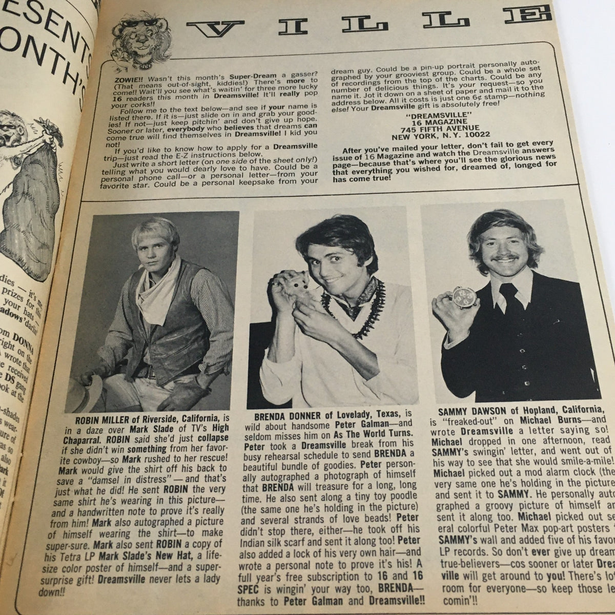 Page of 16 Magazine November 1969 presenting a feature about celebrities and fan letters in Dreams Ville, illustrating the magazine's engagement with its youth audience.
