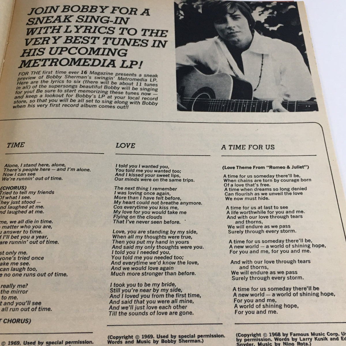 Exclusive lyrics article from 16 Magazine November 1969 highlighting Bobby Sherman’s music with sneak peeks into his Metromedia LP, capturing the essence of pop music culture.