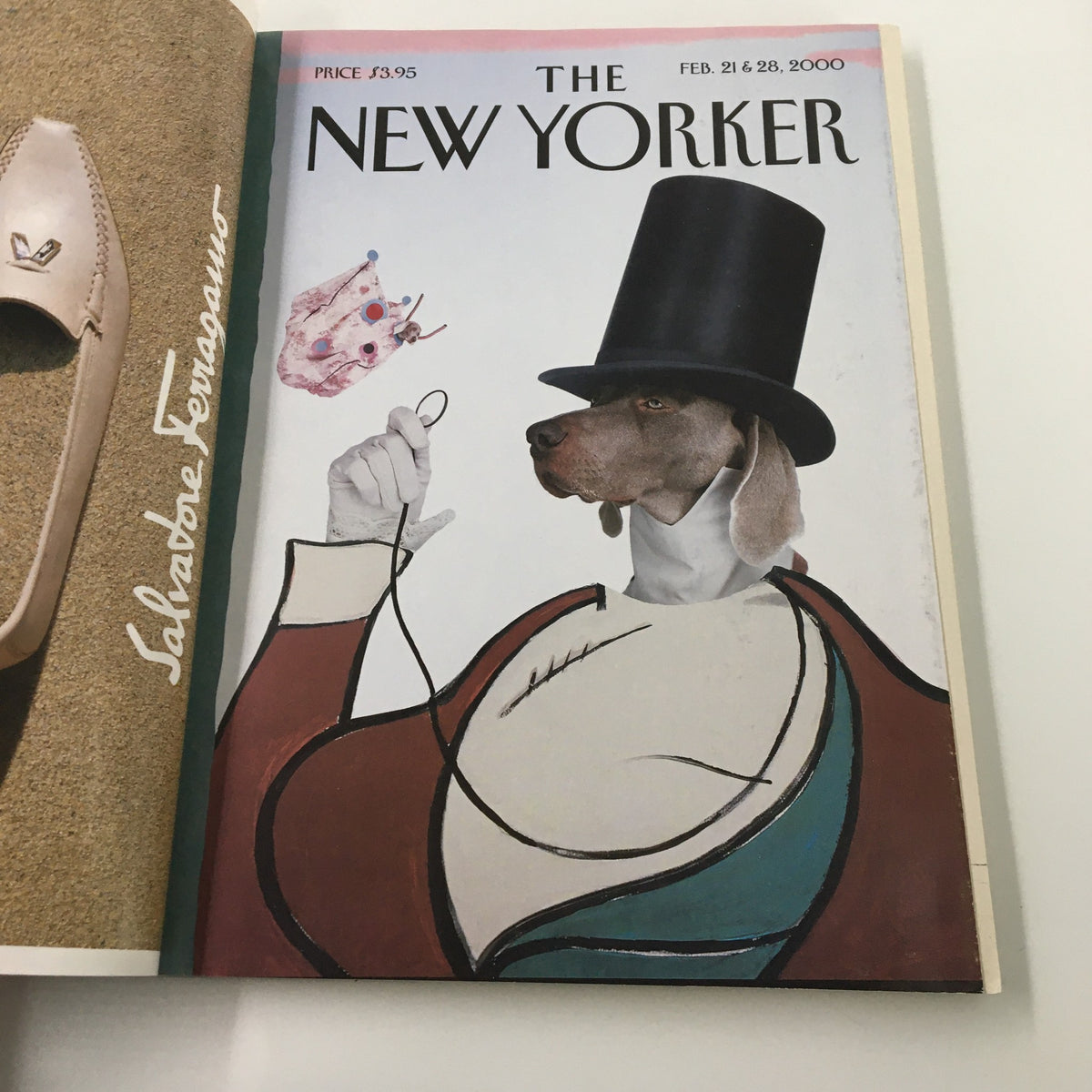 Cover art from The New Yorker Full Magazine February 21, 2000, showcasing a stylish dog in a top hat, part of the 75th anniversary issue of The New Yorker.