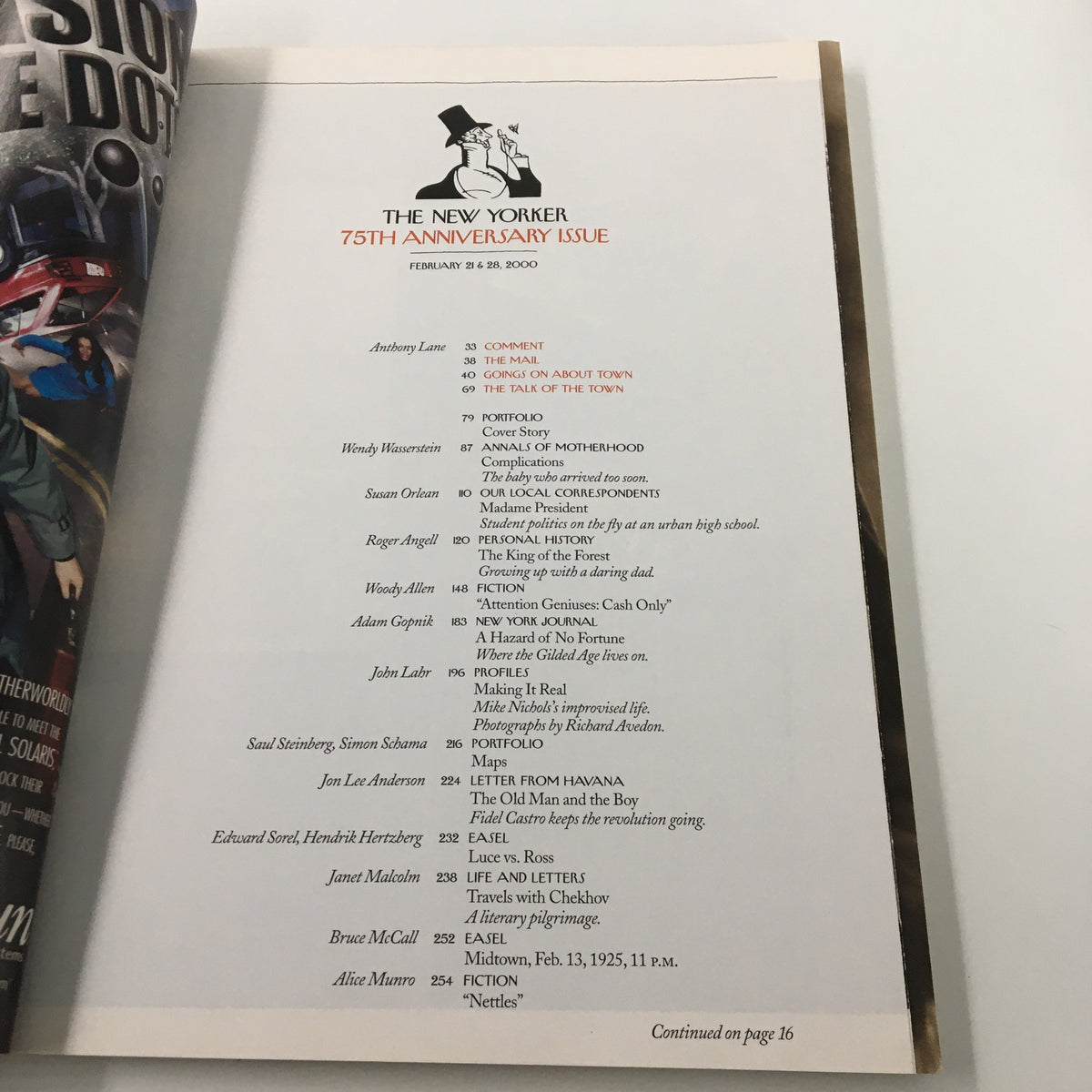 Table of contents page from The New Yorker Full Magazine February 21, 2000, commemorating the 75th anniversary, featuring a list of articles and contributors.