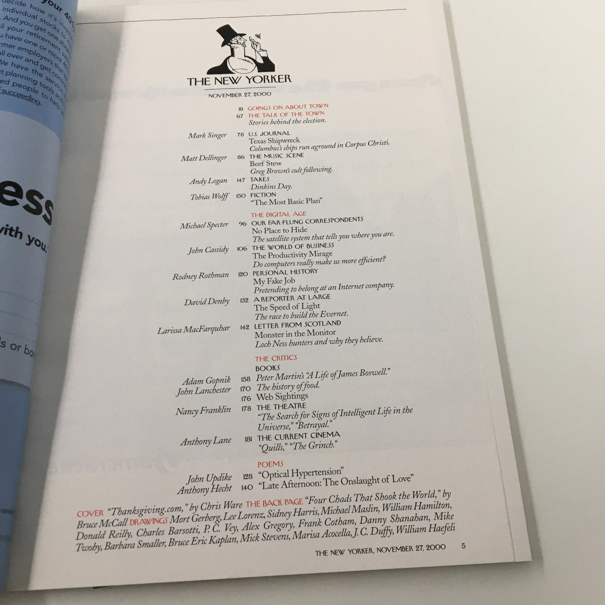 Table of contents from The New Yorker Full Magazine November 27 2000 featuring articles and illustrations, highlighting the Thanksgiving theme and penned by Chris Ware.