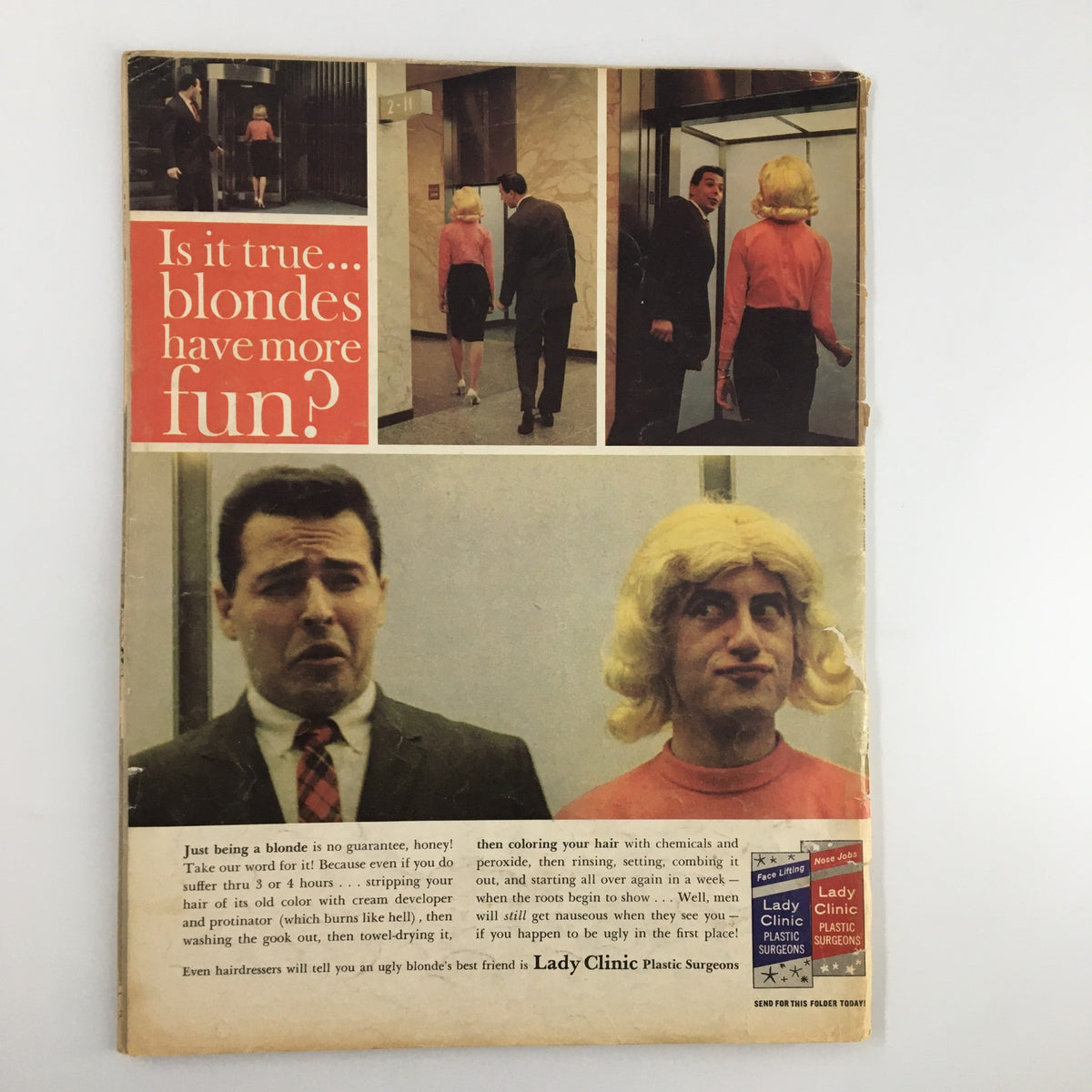 Back cover of Mad Magazine July 1963 No. 80 showcasing a humorous advertisement about blonde hair and plastic surgery, adding to the magazine's vintage charm.