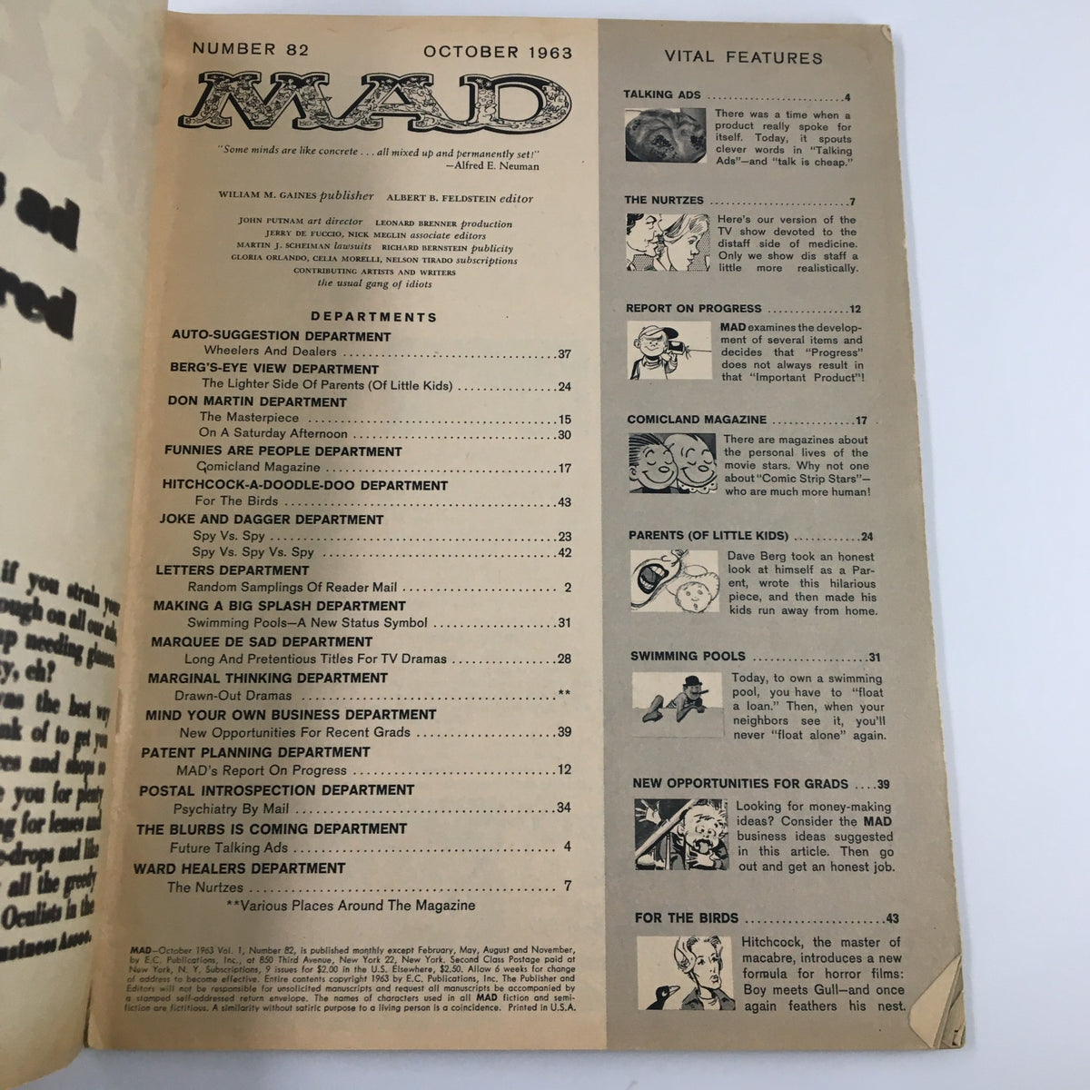 Table of contents page from Mad Magazine October 1963 No. 82, showcasing various department sections and features of the issue.