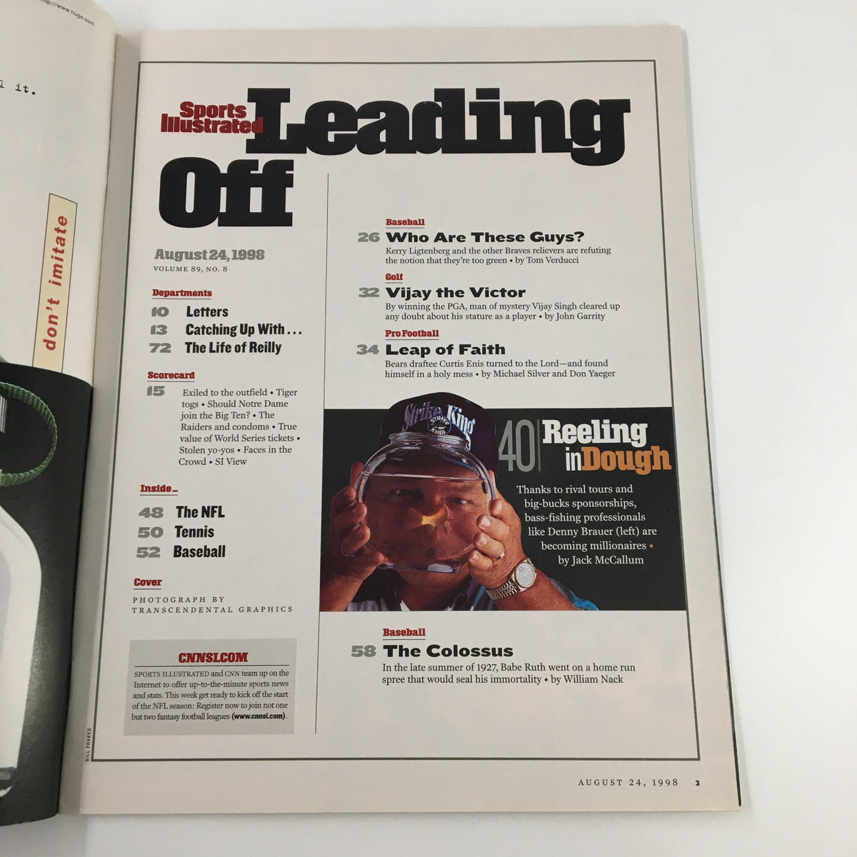 Inside page of Sports Illustrated Magazine from August 24, 1998, showcasing the table of contents and articles including 'Reeling in Dough' and 'The Colossus' about Babe Ruth.
