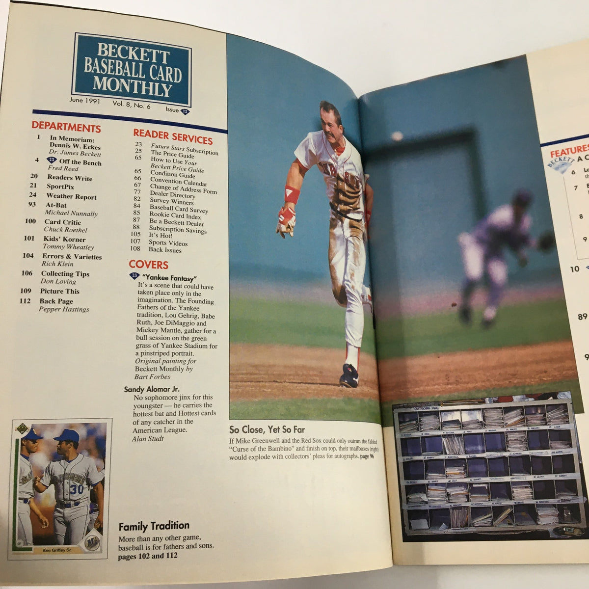 Interior page of Beckett Baseball Card Monthly June 1991 #75 Joe DiMaggio, Mickey Mantle, showcasing features and departments including a photo of a baseball player in action.