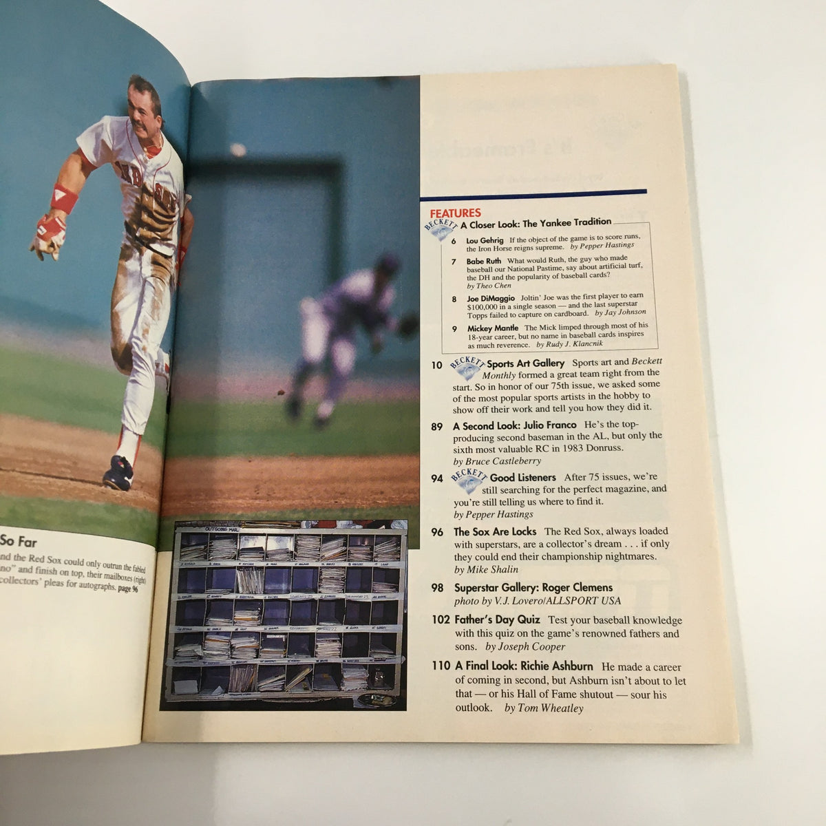 Another interior page of Beckett Baseball Card Monthly June 1991 #75 Joe DiMaggio, Mickey Mantle, highlighting features and articles related to the baseball card collecting tradition.