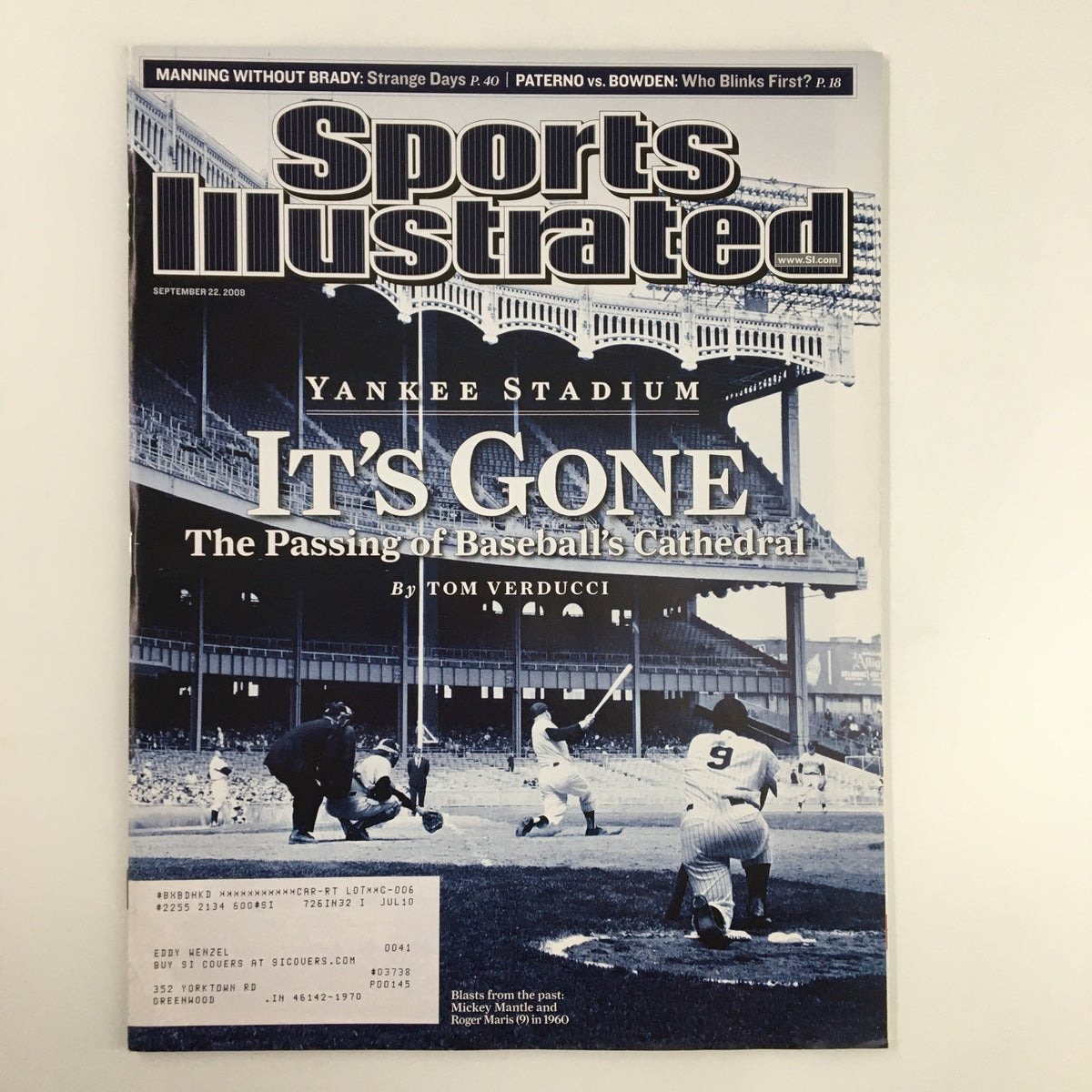 Cover of Sports Illustrated Magazine dated September 22, 2008, featuring Mickey Mantle and Roger Maris, highlighting the theme 'It's Gone: The Passing of Baseball's Cathedral'.