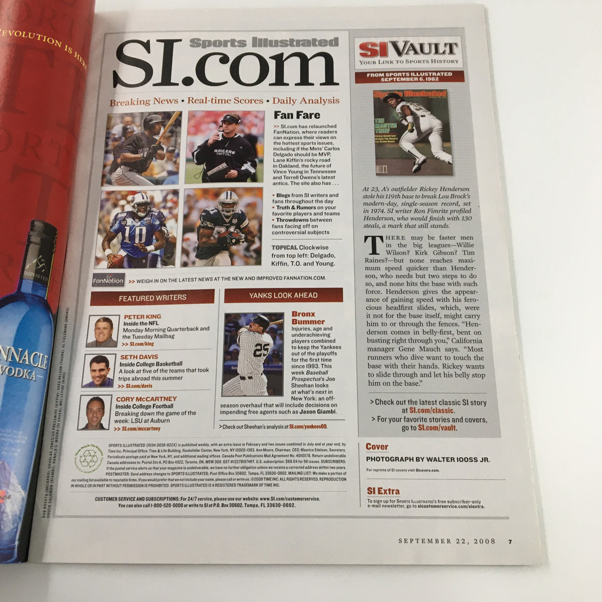 Interior page of Sports Illustrated Magazine September 22, 2008, displaying breaking news and sports analysis along with feature articles, including a mention of Roger Henderson.