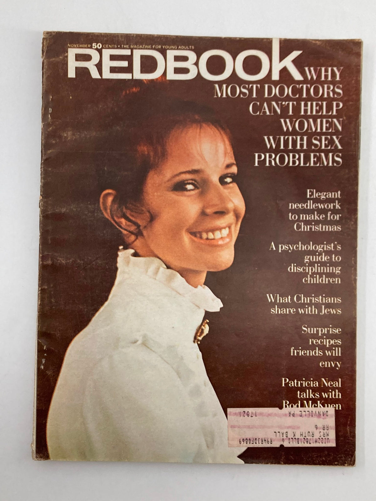 VTG Redbook Magazine November 1968 Cover featuring Patricia Neal, with headlines about women's health, elegant Christmas needlework, and insights on parenting by Rod McKuen.