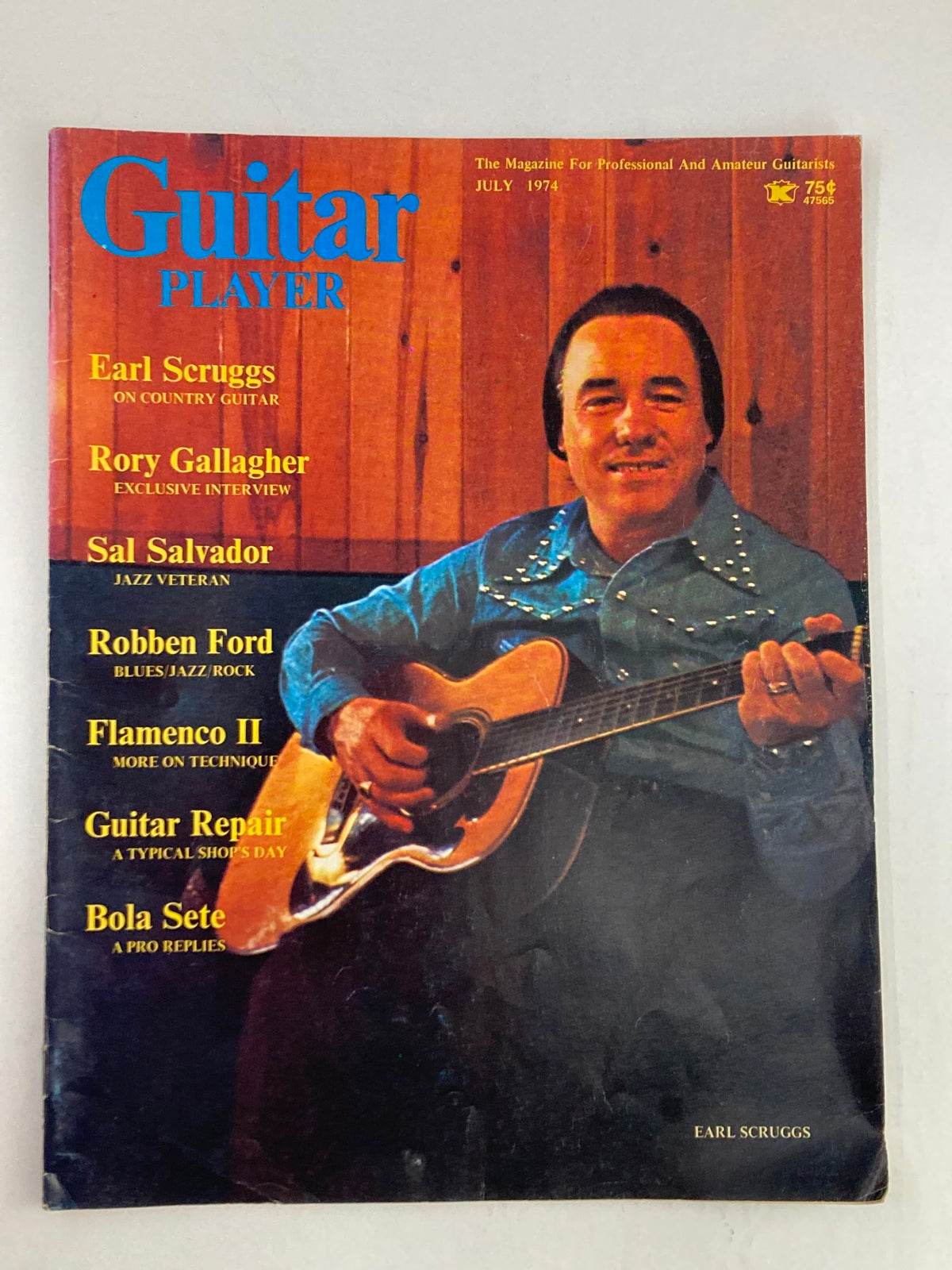 Cover of VTG Guitar Player Magazine July 1974 featuring Earl Scruggs and Rory Gallagher, showcasing notable articles on famous guitarists.