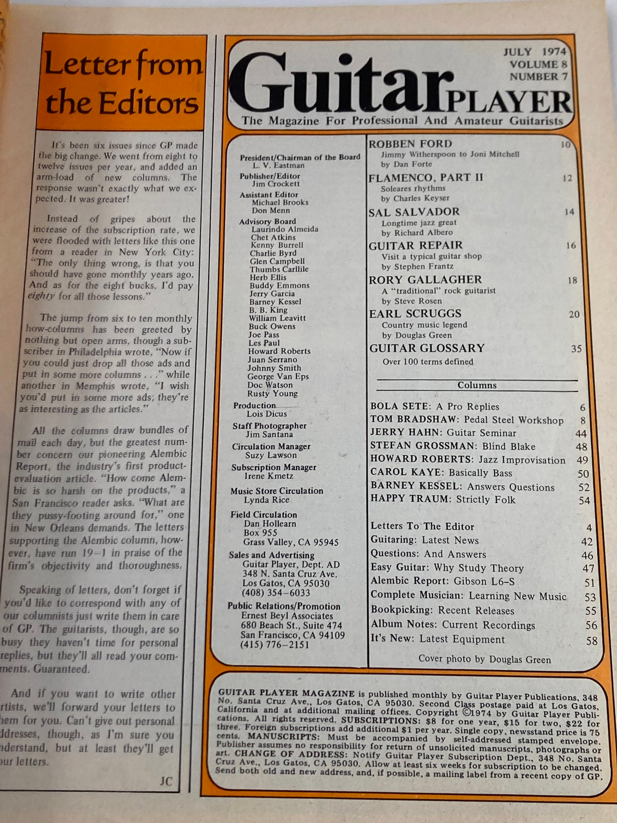 Inside page of VTG Guitar Player Magazine July 1974, displaying the contents and editorial letter, highlighting musicians featured in this vintage issue.