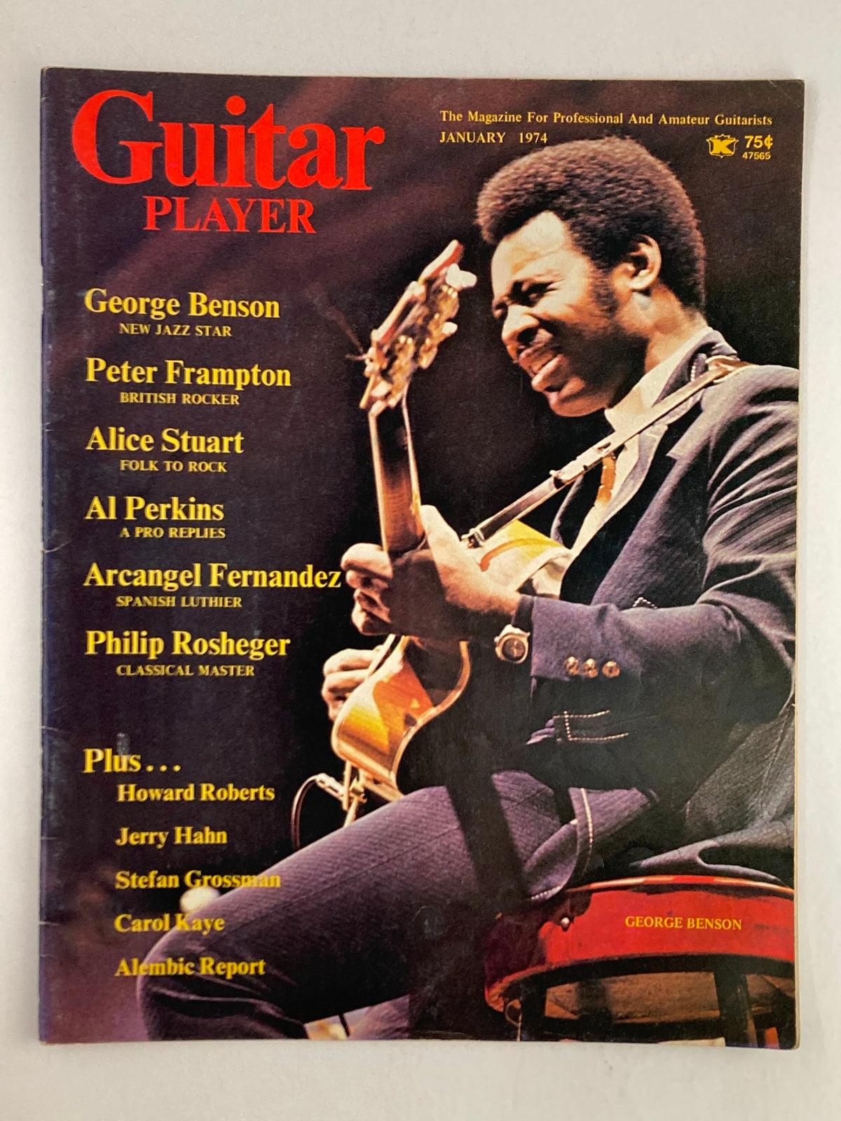 Cover of Guitar Player Magazine January 1974 Vol 8 #1 featuring George Benson, noted jazz guitarist, alongside other musicians such as Peter Frampton and Alice Stuart, showcasing the magazine's focus on guitar music and culture.