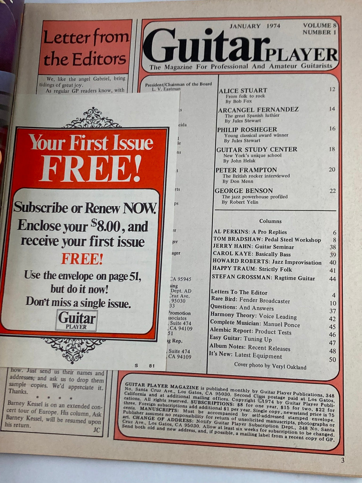 Table of contents page from Guitar Player Magazine January 1974 Vol 8 #1, outlining featured articles, including profiles of George Benson and Peter Frampton, as well as various columns and topics related to professional and amateur guitarists.