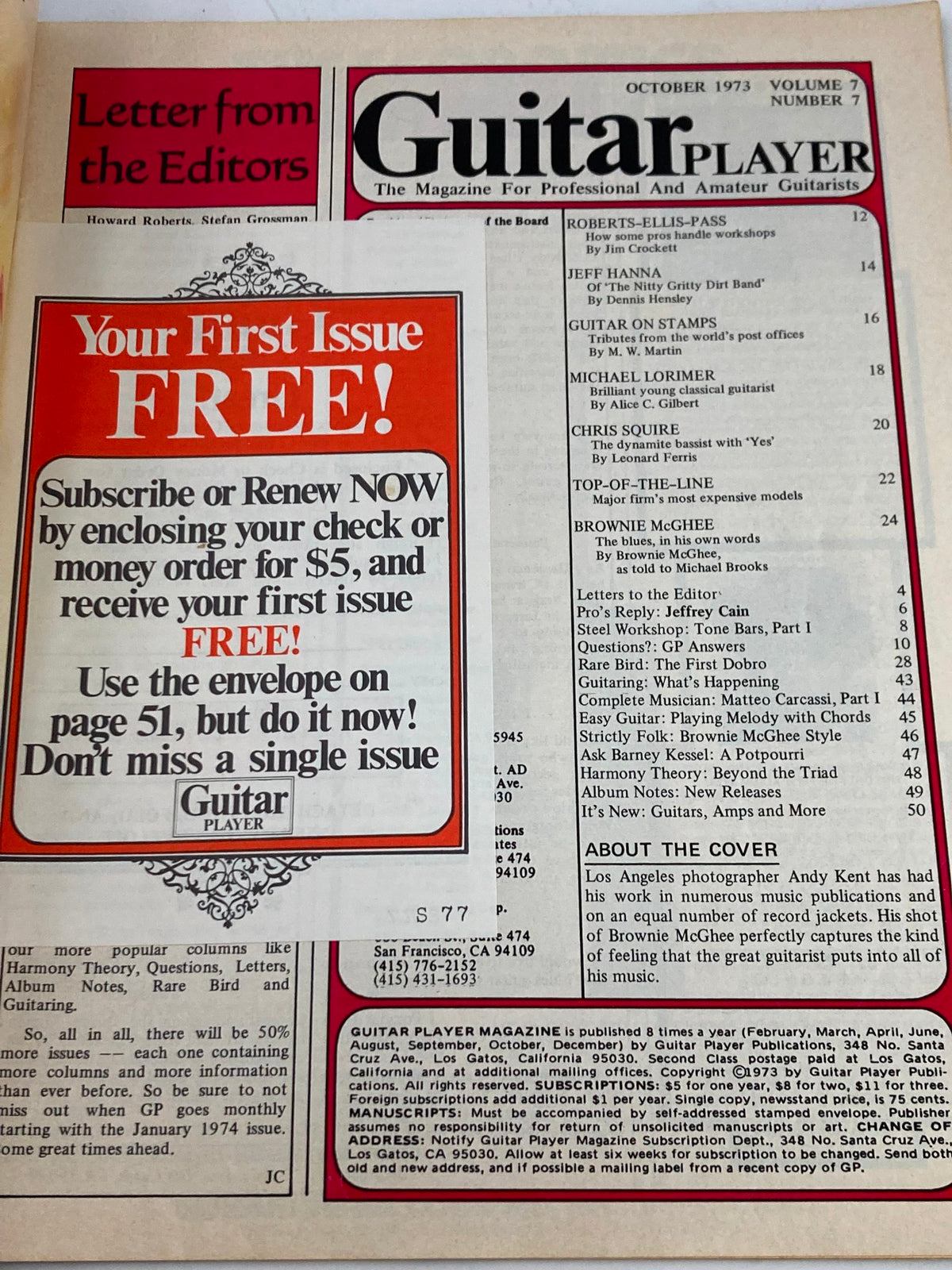 Interior page of the VTG Guitar Player Magazine October 1973 Vol 7 #7, displaying a subscription offer and the table of contents, highlighting articles and features including Brownie McGhee.