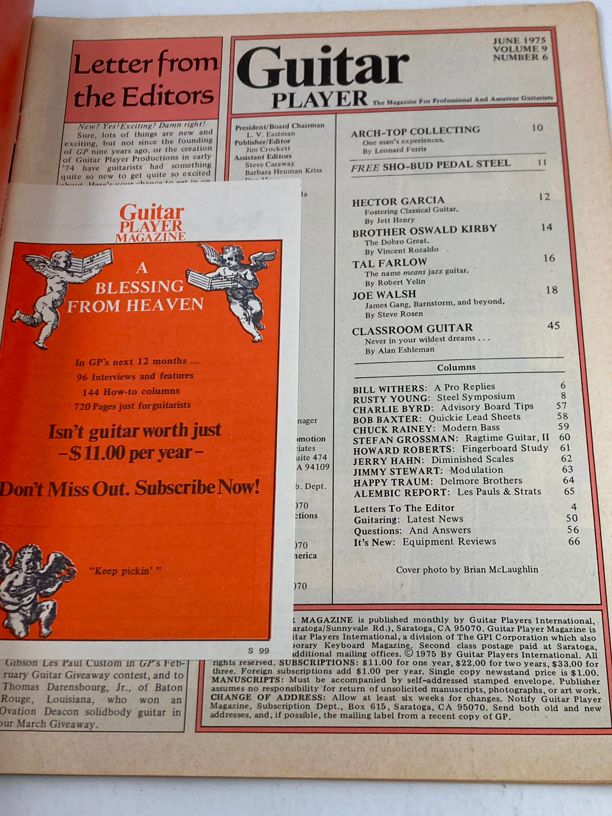 Interior page of Guitar Player Magazine, June 1975, Volume 9 Issue 6 showing the table of contents. The page includes a letter from the editors and features such as articles about Joe Walsh and Hector Garcia.