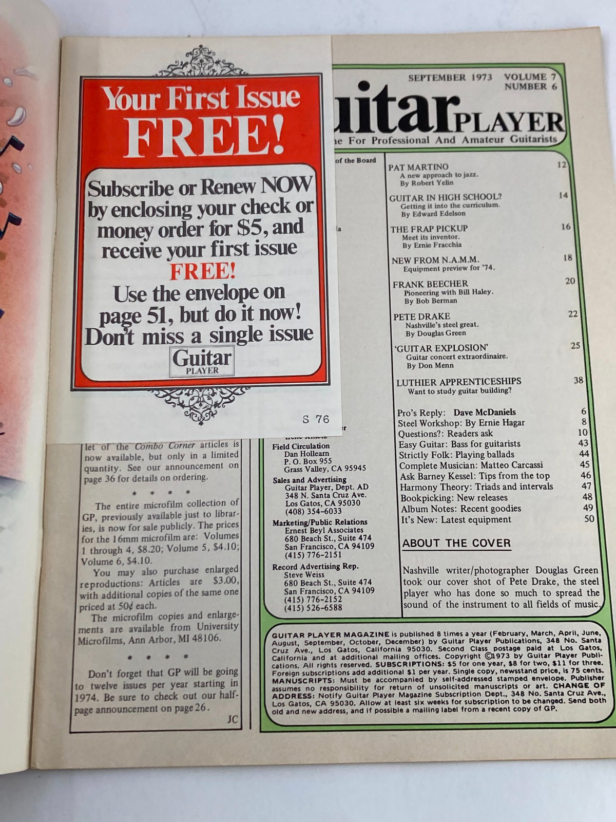 Inside page of Guitar Player Magazine September 1973 Vol 7 #4 displaying subscription offer and issue contents, reflecting the magazine's appeal to guitar enthusiasts.