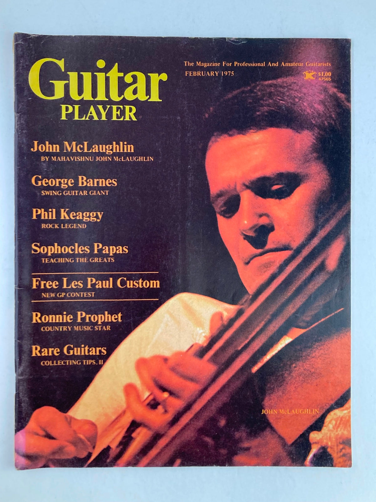 Vintage Guitar Player Magazine February 1975 Vol 9 #2 featuring John McLaughlin on the cover, showcasing top guitarists and music articles of the 1970s.