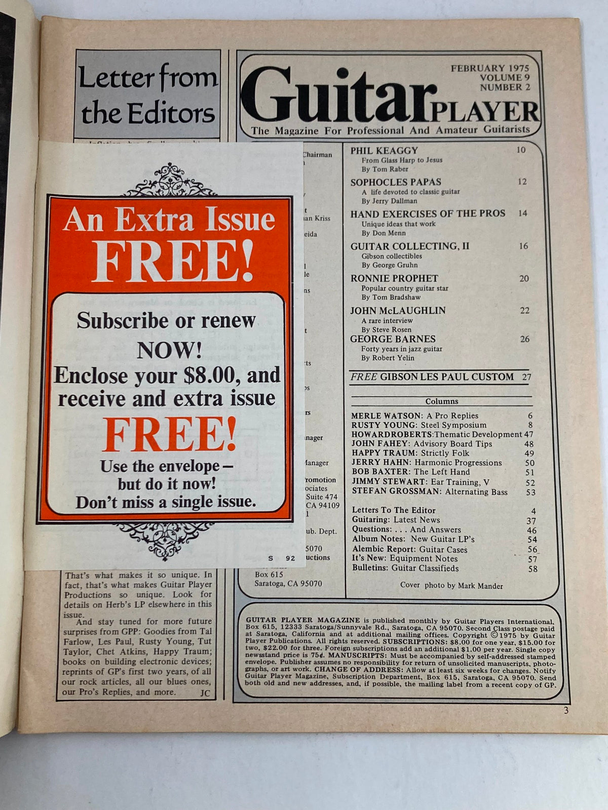Inside page of Guitar Player Magazine February 1975 Vol 9 #2, featuring the Letter from the Editors and subscription offer, highlighting guitar culture.