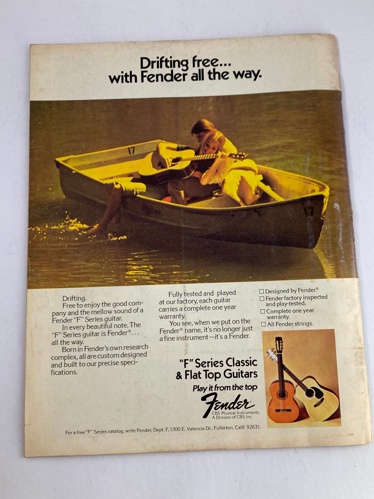 Back cover of Guitar Player Magazine February 1975 Vol 9 #2, advertising Fender guitars with a scenic image of musicians enjoying music in nature.