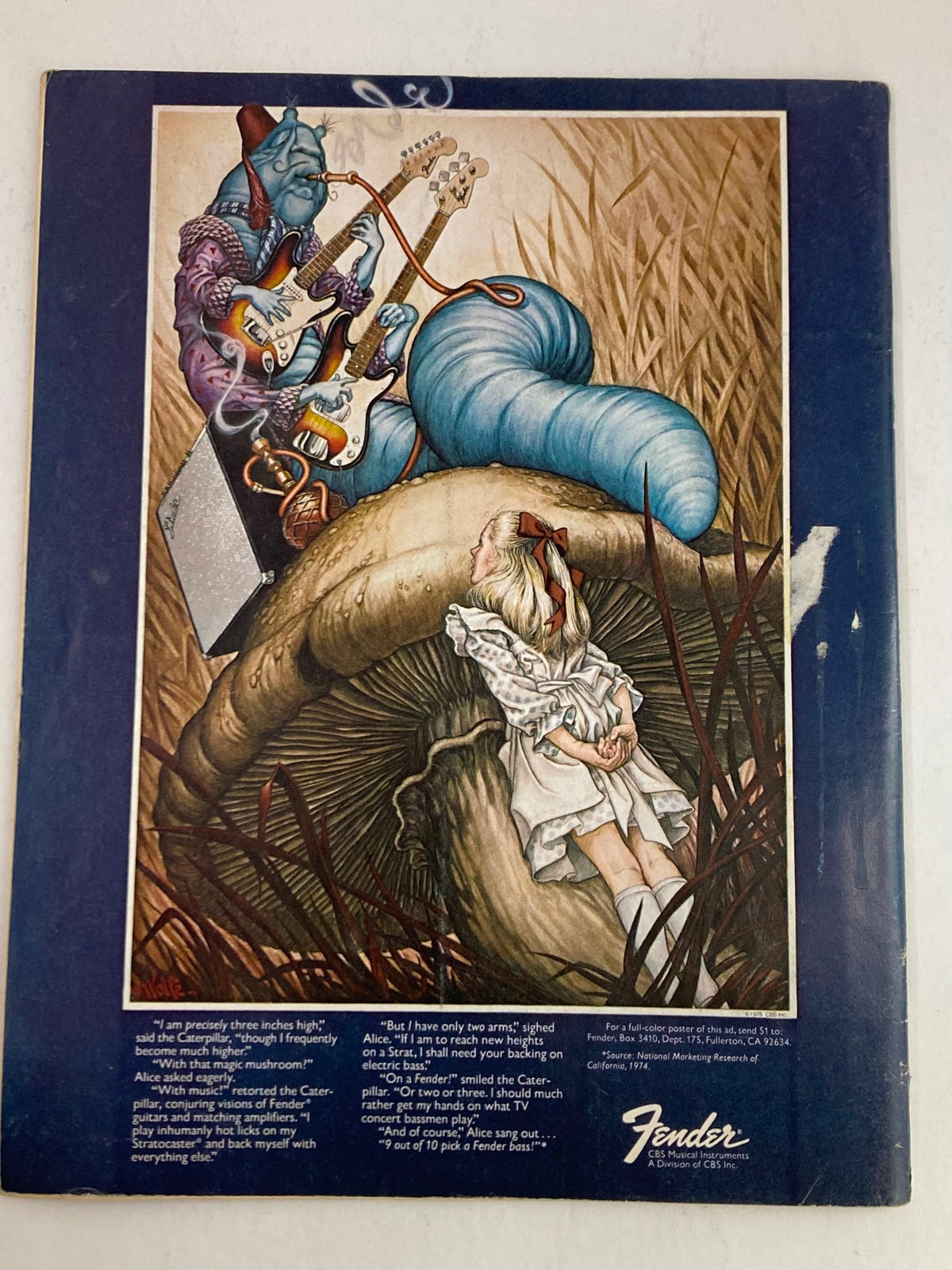 Back cover of VTG Guitar Player Magazine April 1975, showcasing artistic illustration with a character resembling a caterpillar playing guitar, reflecting the whimsical nature of 1970s music culture.