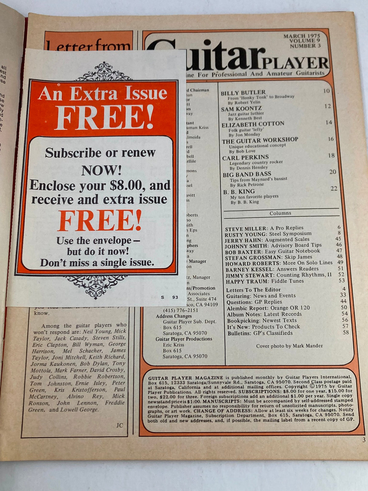 Inside page of VTG Guitar Player Magazine March 1975 Vol 9 #3 containing a subscription offer and table of contents showcasing articles about guitar legends.