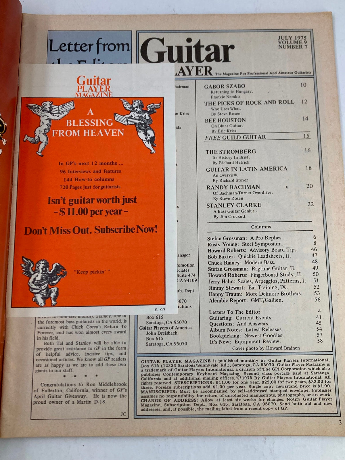 Interior page of Guitar Player Magazine July 1975 featuring a subscription advertisement and a letter from the editor. This issue includes articles and insights about prominent musicians like Stanley Clarke and Gabor Szabo.