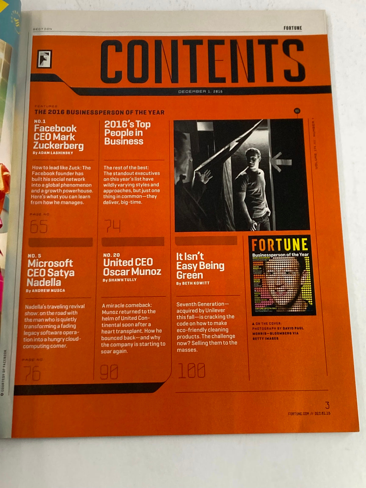 Contents page of Fortune Magazine December 1 2016, detailing the features including Mark Zuckerberg as the 2016 Businessperson of the Year and other notable business leaders.