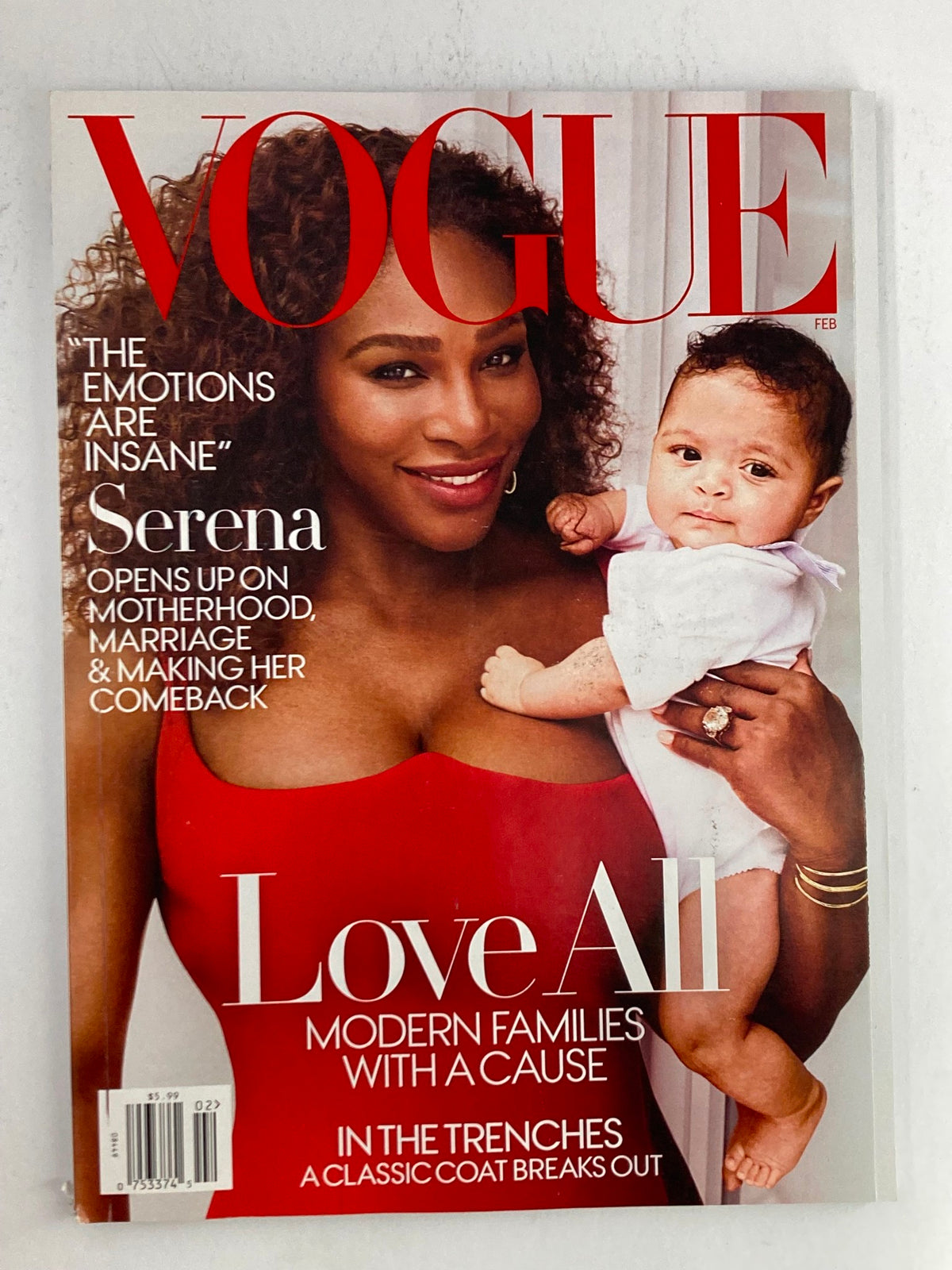 Vogue Magazine February 2018 featuring Serena Williams on the cover, iconic image showcasing her powerful comeback alongside a baby.