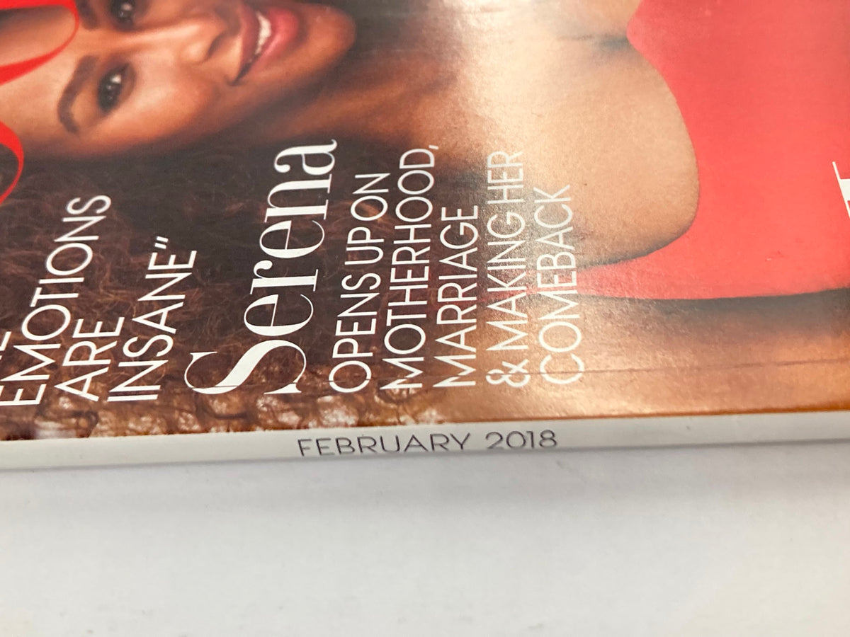 Close-up of Vogue Magazine February 2018 spine, highlighting Serena Williams' name and the publication date.
