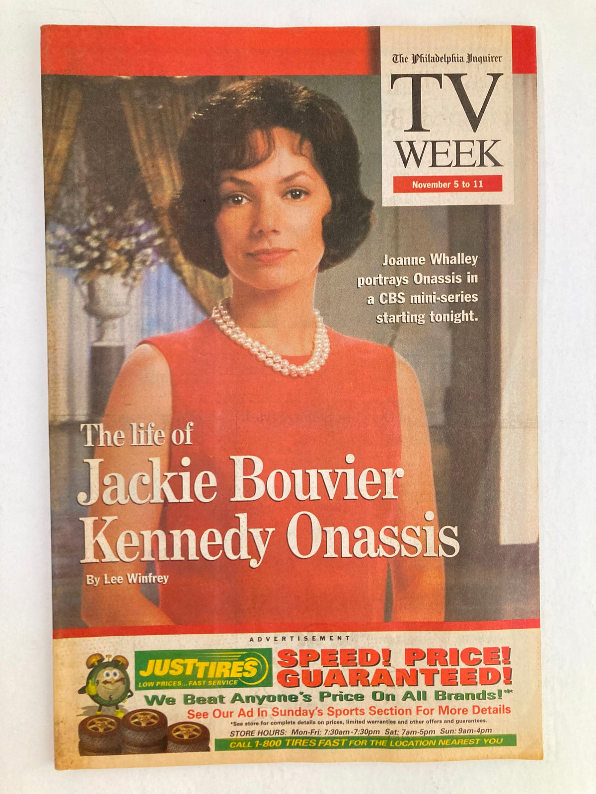 The Philadelphia Inquirer TV Week from November 5, 2000 featuring Joanne Whalley, showcasing her portrayal of Jackie Bouvier Kennedy Onassis with a focus on the cultural significance of television during this era.