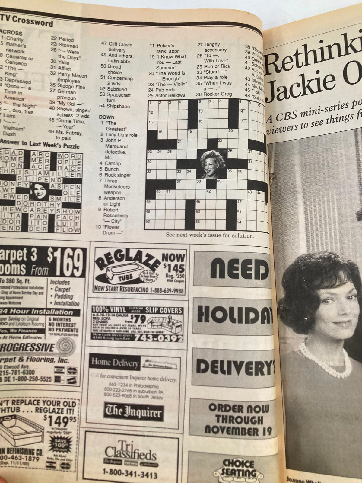 Inside page of The Philadelphia Inquirer TV Week, November 5, 2000, displaying a crossword puzzle and advertisements, reflecting early 2000s pop culture alongside the feature on Jackie Bouvier Kennedy Onassis.