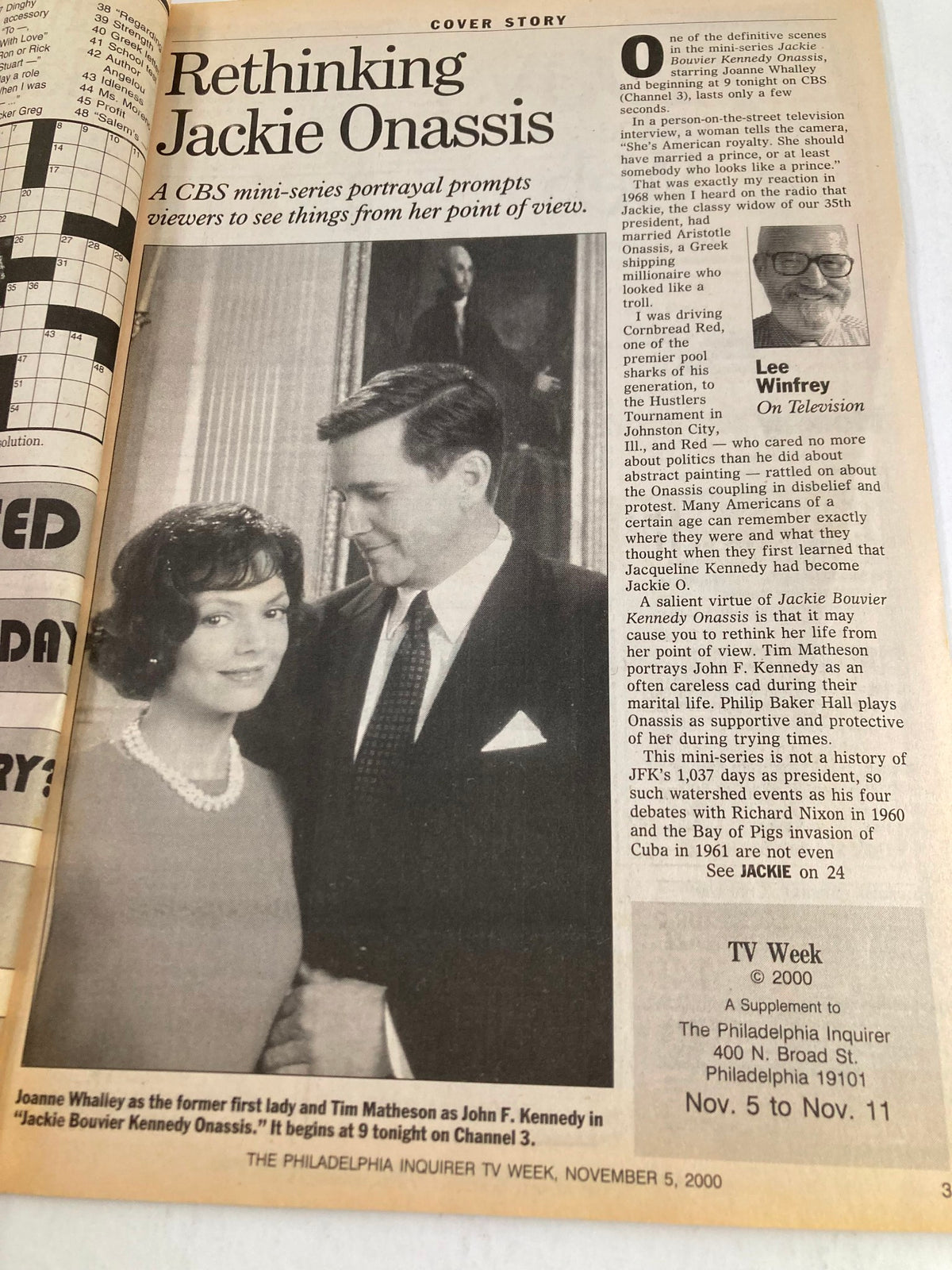 Cover story of The Philadelphia Inquirer TV Week, November 5, 2000, featuring a portrait of Joanne Whalley and Tim Matheson as Jackie Onassis and John F. Kennedy, highlighting the miniseries perspective on Jackie’s life.