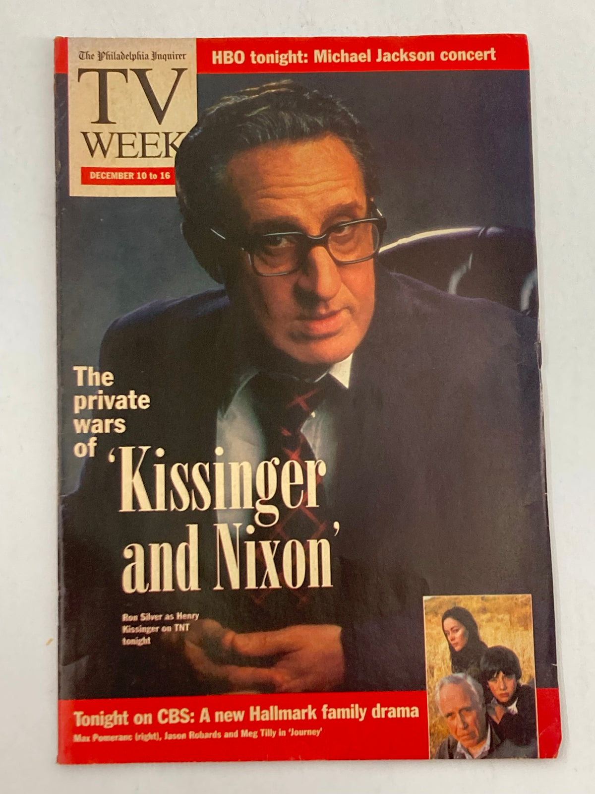 The Philadelphia Inquirer TV Week dated December 10, 1995 featuring Ron Silver on the cover, promoting the program 'Kissinger and Nixon' with a preview of HBO's Michael Jackson concert and a new Hallmark family drama.