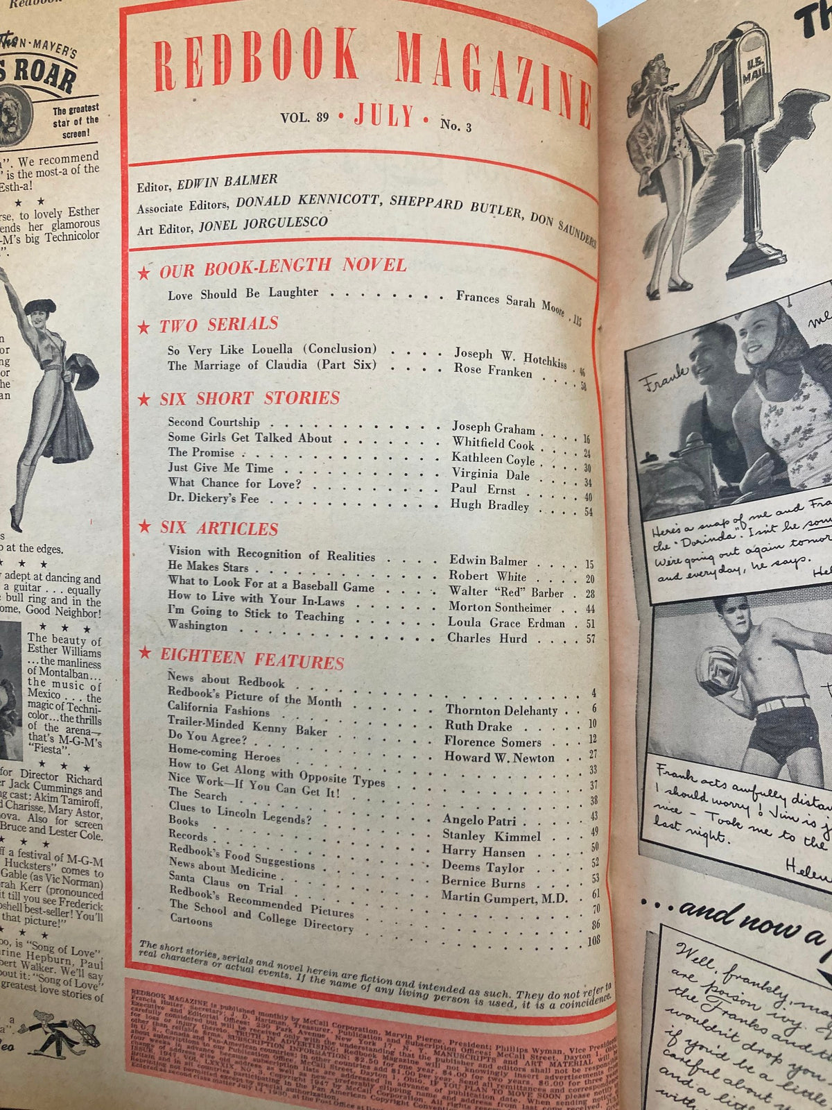 Interior page of VTG Redbook Magazine July 1949, Vol 89 No 3 listing articles and short stories including 'Love Should Be Laughter' by Frances Sarah Moore.