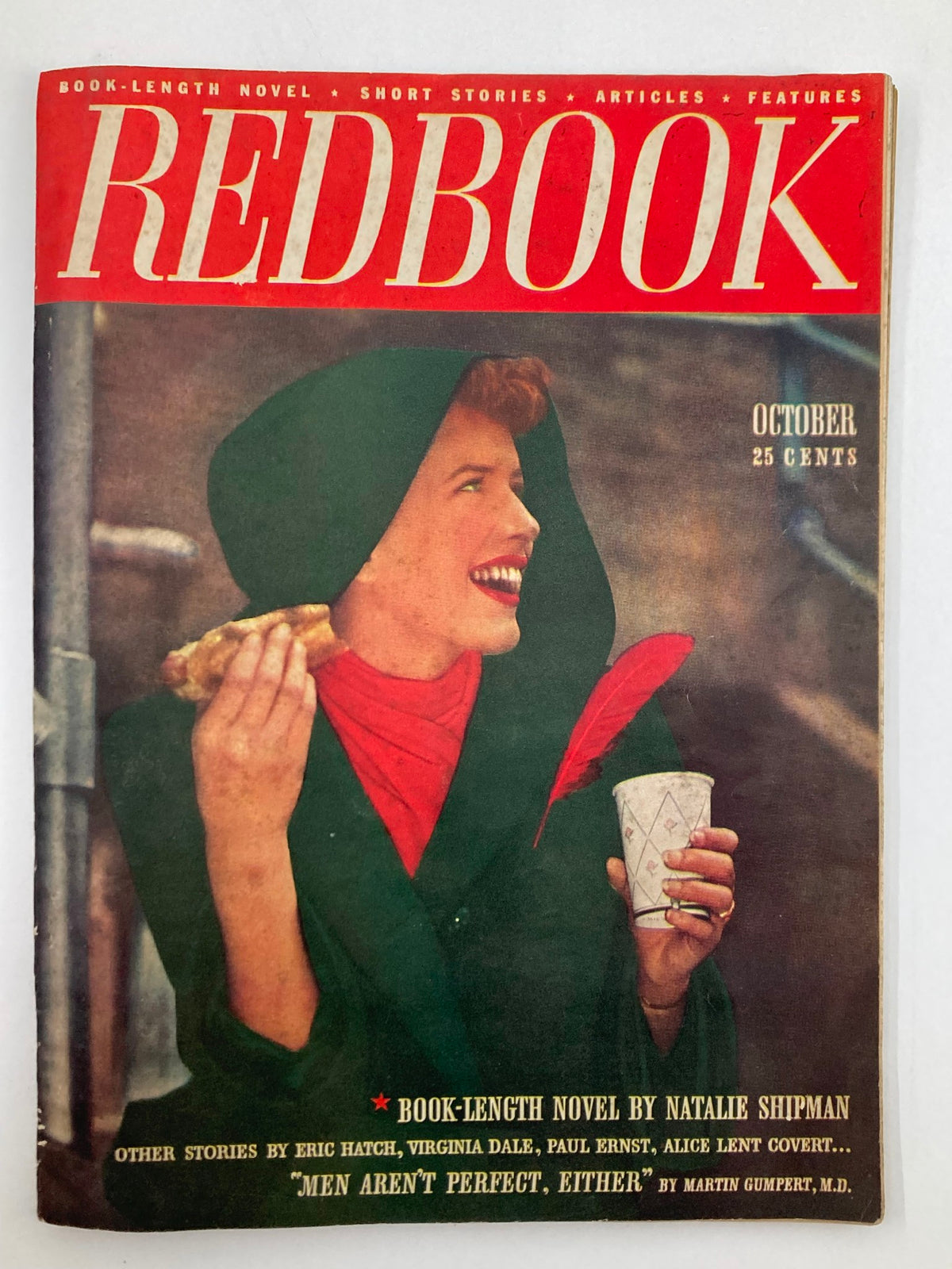Cover of VTG Redbook Magazine October 1947 showcasing vibrant fashion and the theme "Men Aren't Perfect Either".
