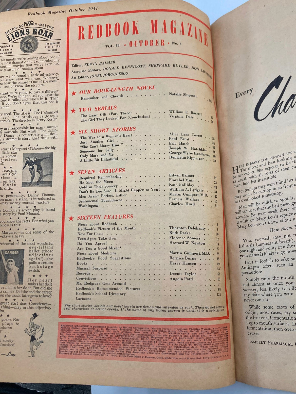 Interior page of VTG Redbook Magazine October 1947 showing the table of contents and article listings.