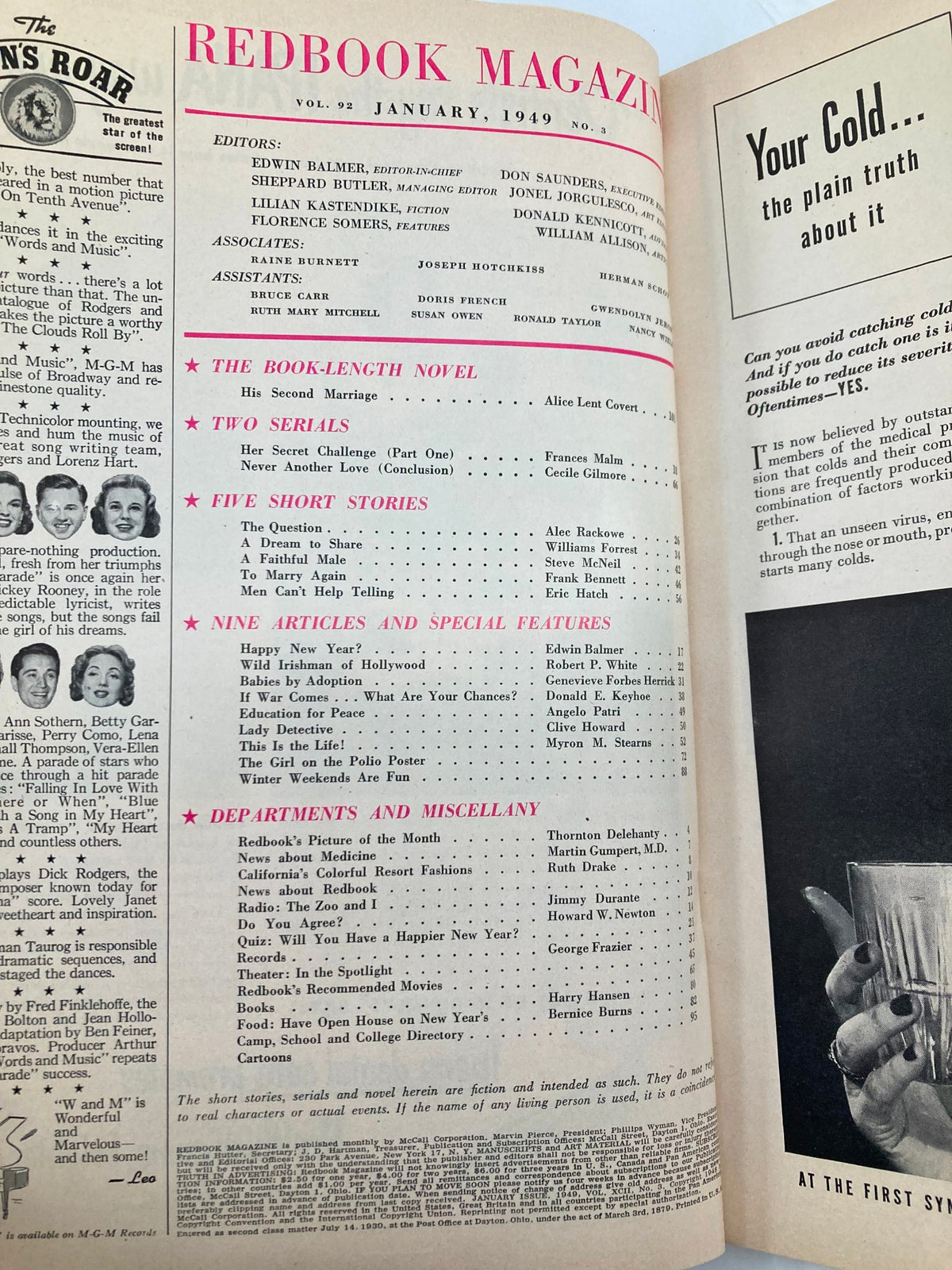 Interior page of VTG Redbook Magazine January 1949 listing articles and contributions, emphasizing the issue's content including 'His Second Marriage' and other notable stories.