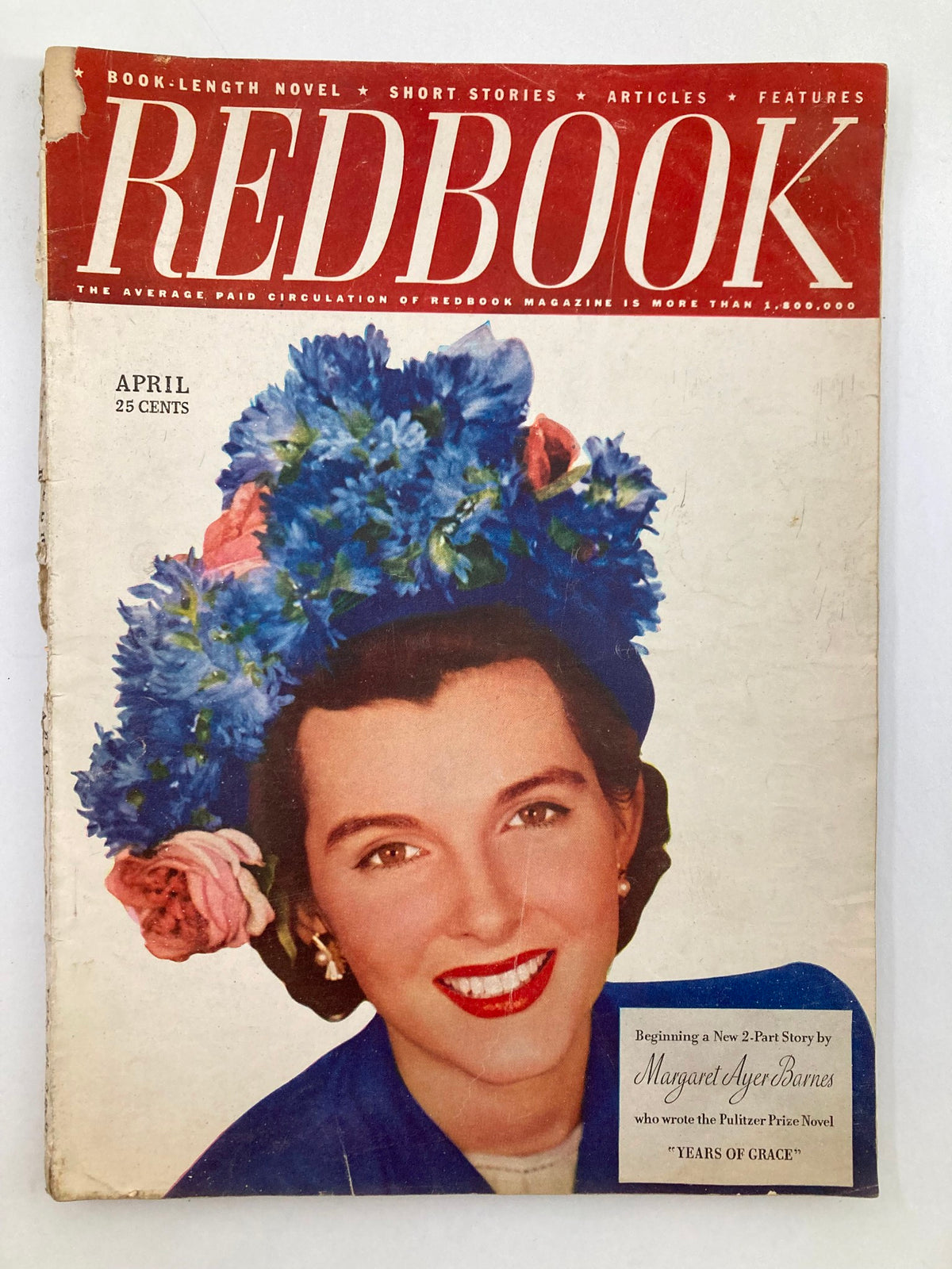 VTG Redbook Magazine April 1947 cover featuring a woman wearing a floral hat, highlighting a two-part story by Margaret Ayer Barnes.