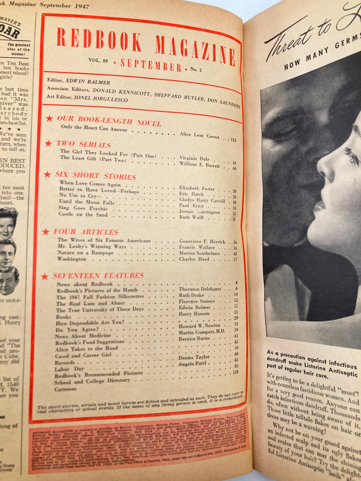 Interior view of VTG Redbook Magazine September 1947 Volume 89, showcasing the table of contents and details of featured stories.