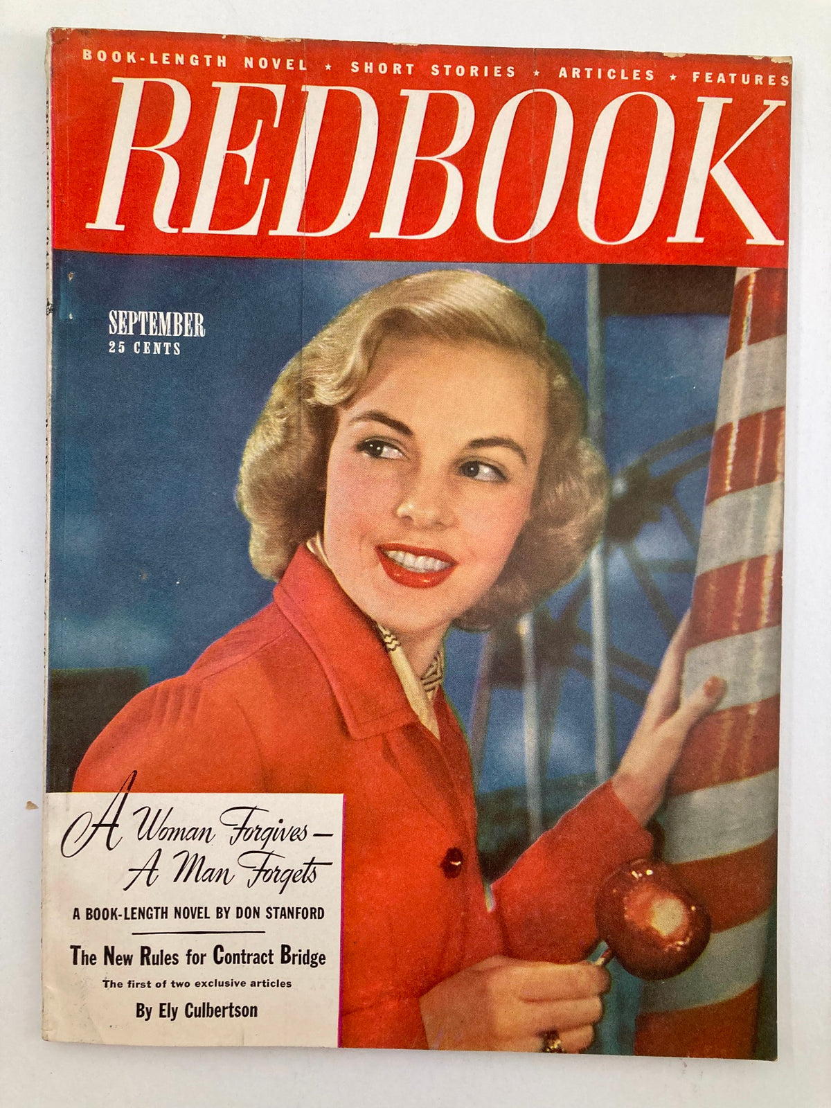 Cover of VTG Redbook Magazine from September 1948, Volume 91, Issue 6, featuring the title 'A Woman Forgives' with a vintage illustration of a woman smiling and holding an apple, reflecting post-war era aesthetics.
