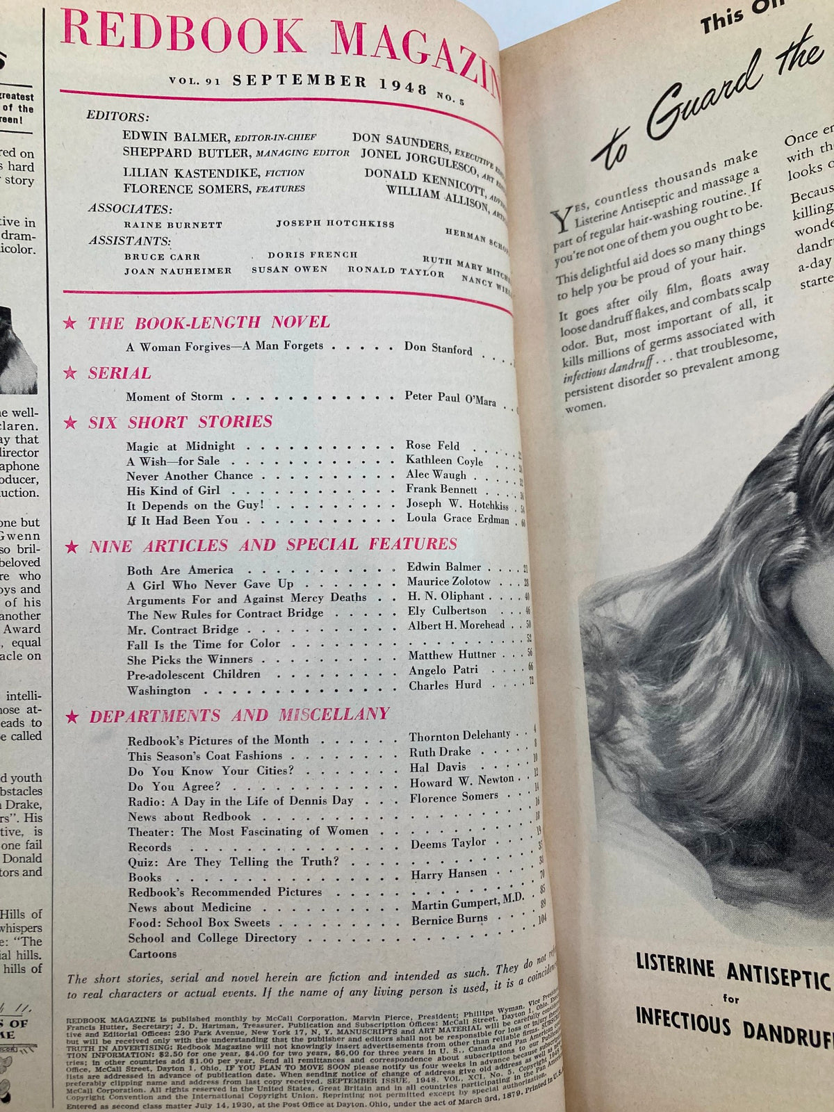 Inside page of VTG Redbook Magazine from September 1948, Volume 91, Issue 6, showcasing the editorial staff and contents including 'A Woman Forgives - A Man Forgets' as a featured novel and other articles epitomizing mid-20th-century magazine culture.