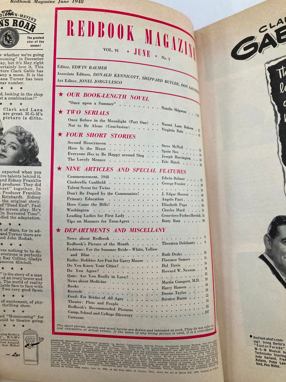 Inside page of Vintage Redbook Magazine June 1948 Vol 91 #2 displaying the table of contents and article highlights.