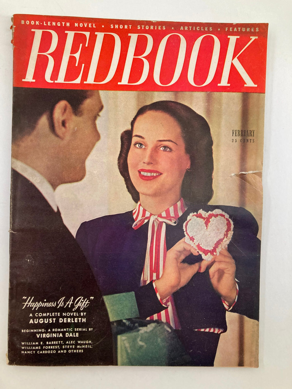 Vintage VTG Redbook Magazine February 1948 Vol 90 #4 featuring a smiling woman holding a heart-shaped decoration. The cover highlights the issue title 'Happiness is a Gift'.