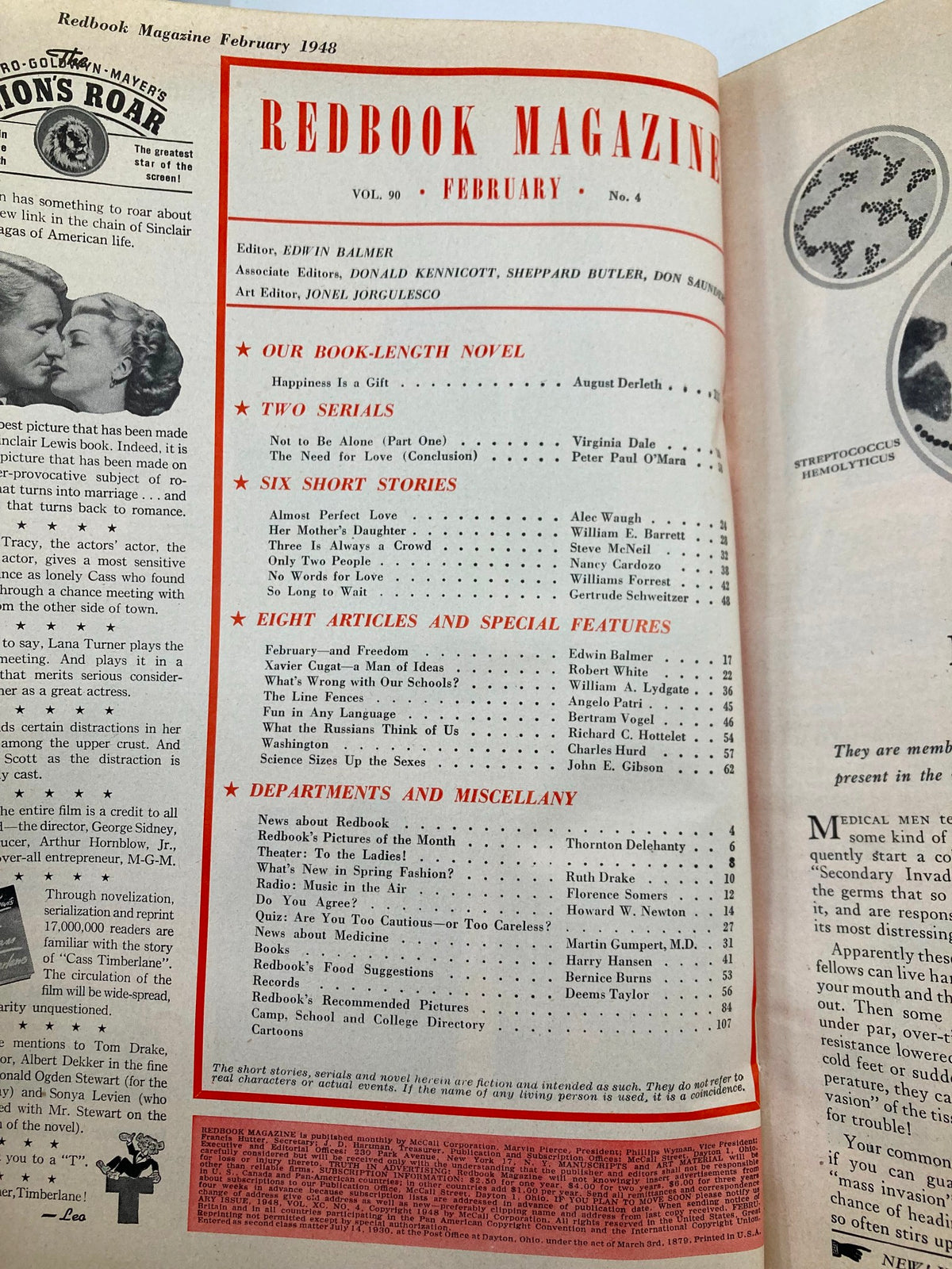 Inside page of the Vintage VTG Redbook Magazine February 1948 Vol 90 #4 showcasing the table of contents, including articles and stories featuring 'Happiness is a Gift' and other notable pieces from the issue.