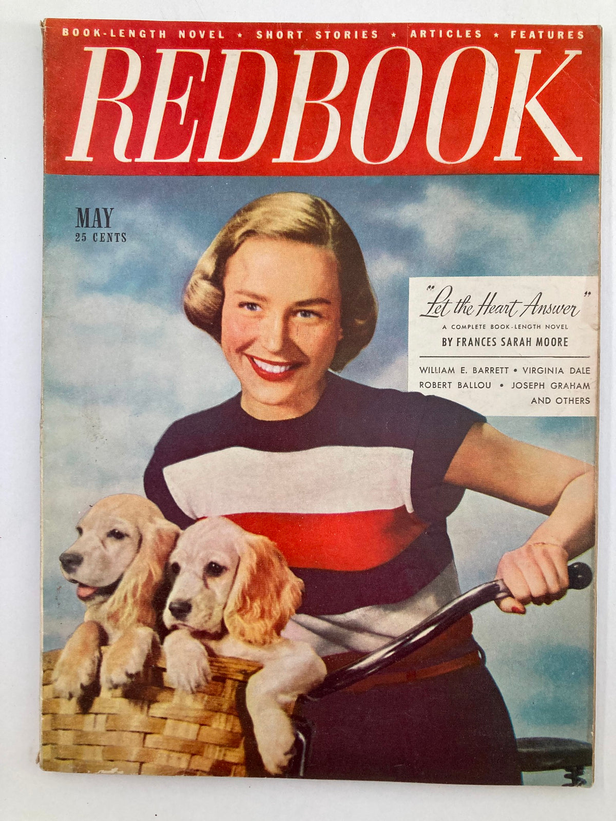 VTG Redbook Magazine May 1948 Vol 91 #1 cover featuring a smiling woman with a striped shirt and two puppies in a basket, titled 'Let the Heart Answer'.