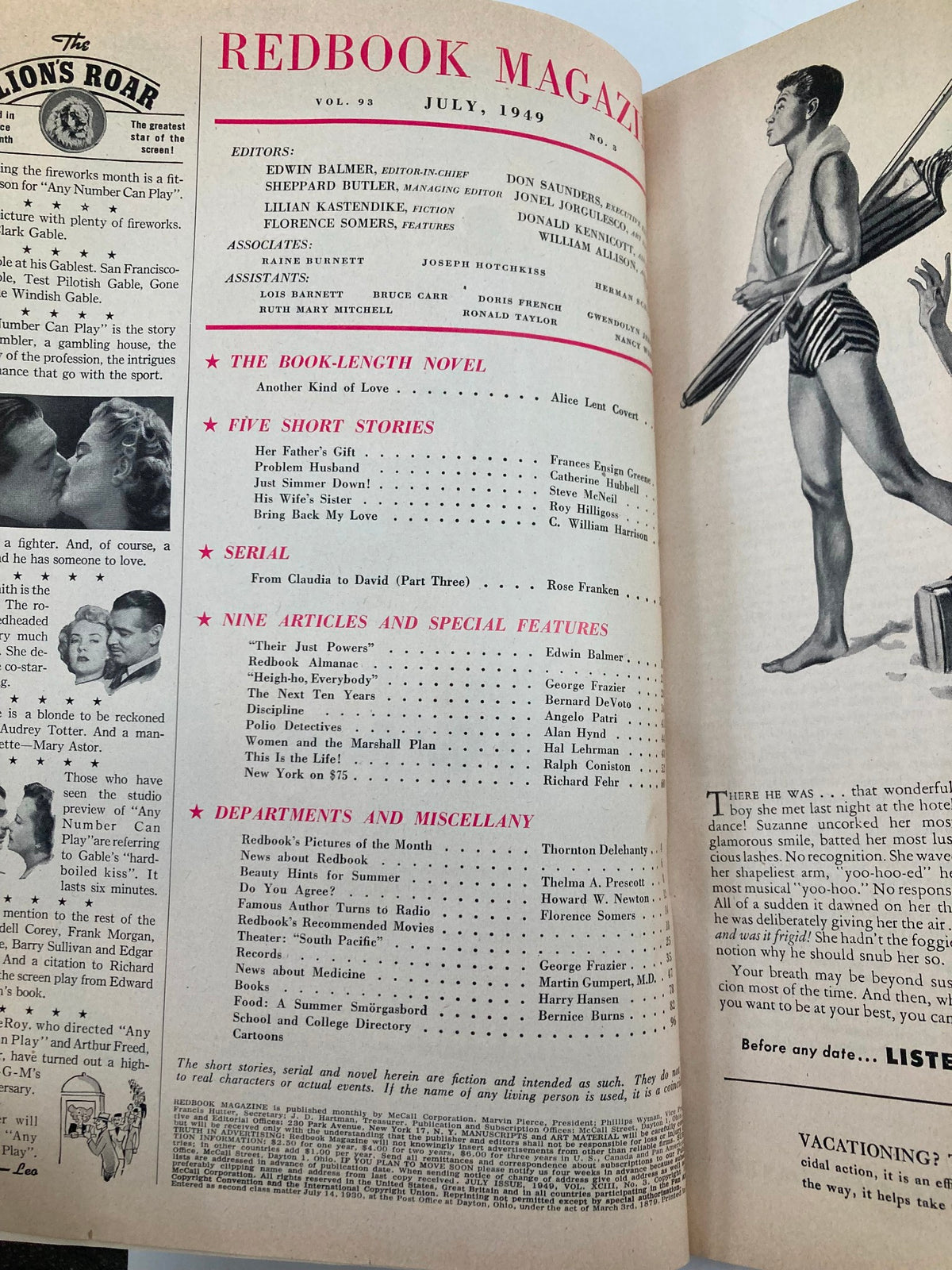 Interior page of VTG Redbook Magazine July 1949 Vol 93 #3 titled 'Another Kind of Love', showcasing editorial listings and articles from the vintage publication.
