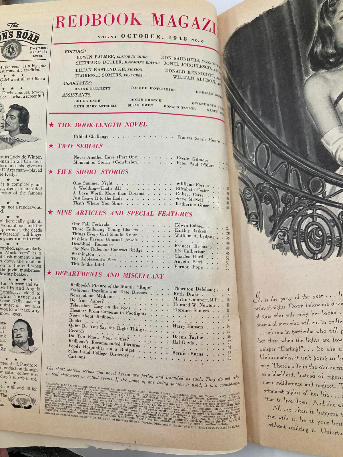Interior page of VTG Redbook Magazine October 1948 Volume 91 Issue 6 displaying the table of contents and article listings, rich in vintage typography and design.