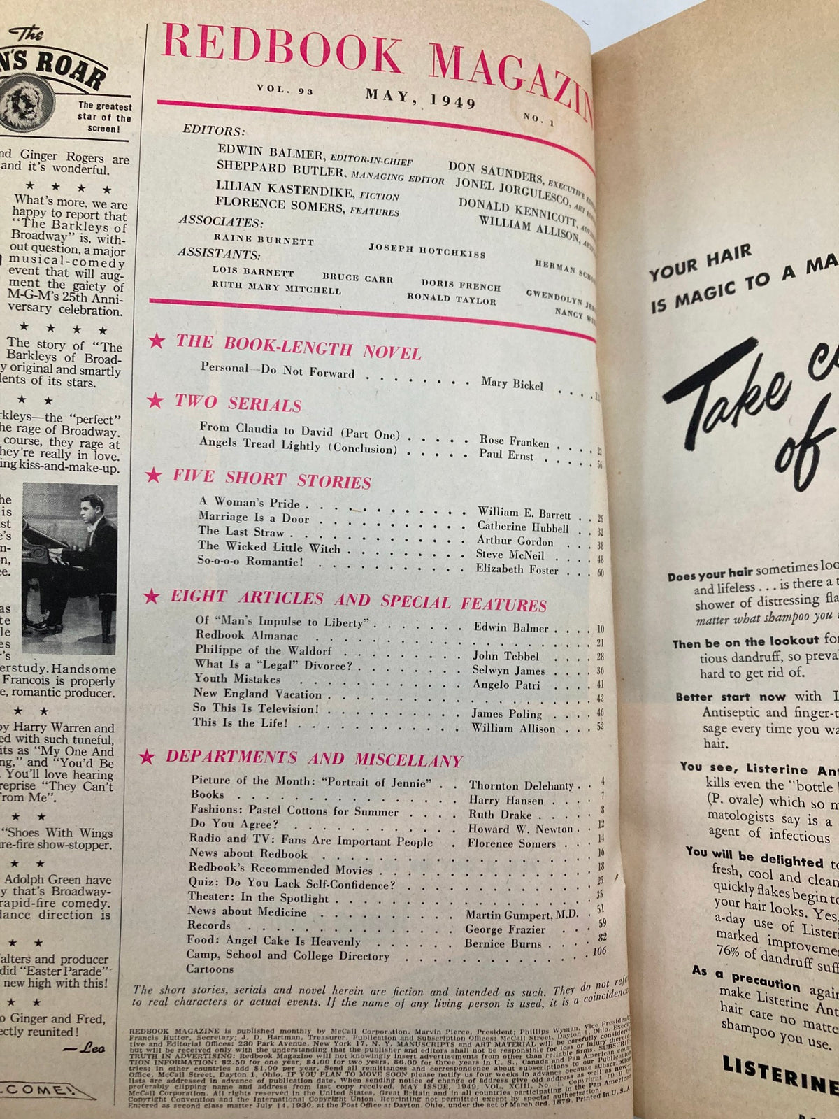 Interior page of VTG Redbook Magazine May 1949 Vol 93 #1 listing articles, stories, and features, providing insight into the magazine's content and structure.