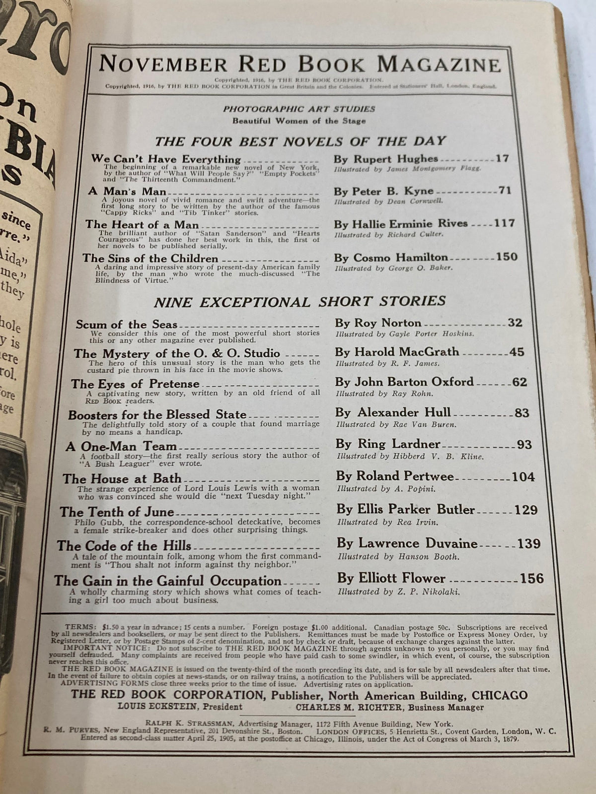 Inside page of the VTG Redbook Magazine November 1916 Vol 28 #1 displaying the table of contents, including notable stories and authors featured in this vintage issue.