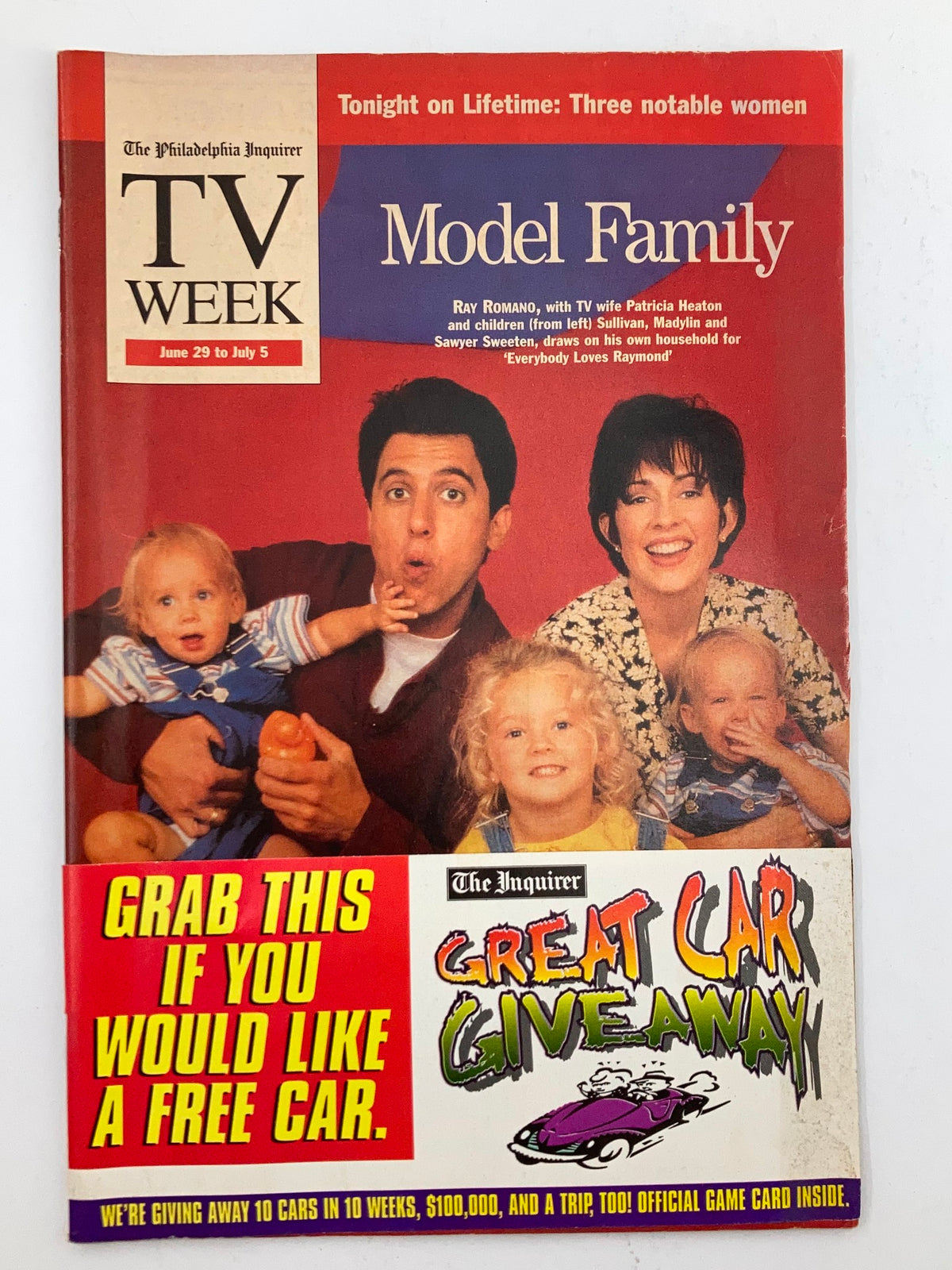 The Philadelphia Inquirer TV Week from June 29, 1997 featuring Ray Romano and Patricia Heaton on the cover. The magazine highlights the popular culture of the late 90s and includes a promotion for a free car giveaway.
